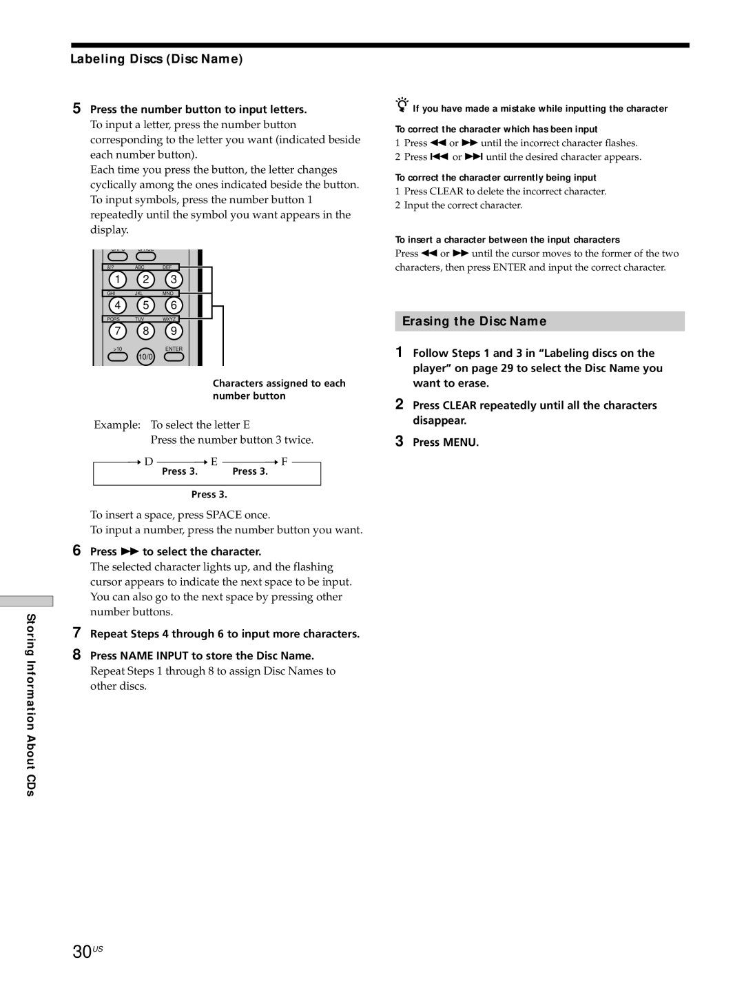 Sony SCD-C555ES manual Labeling Discs Disc Name, Erasing the Disc Name, Press the number button to input letters 