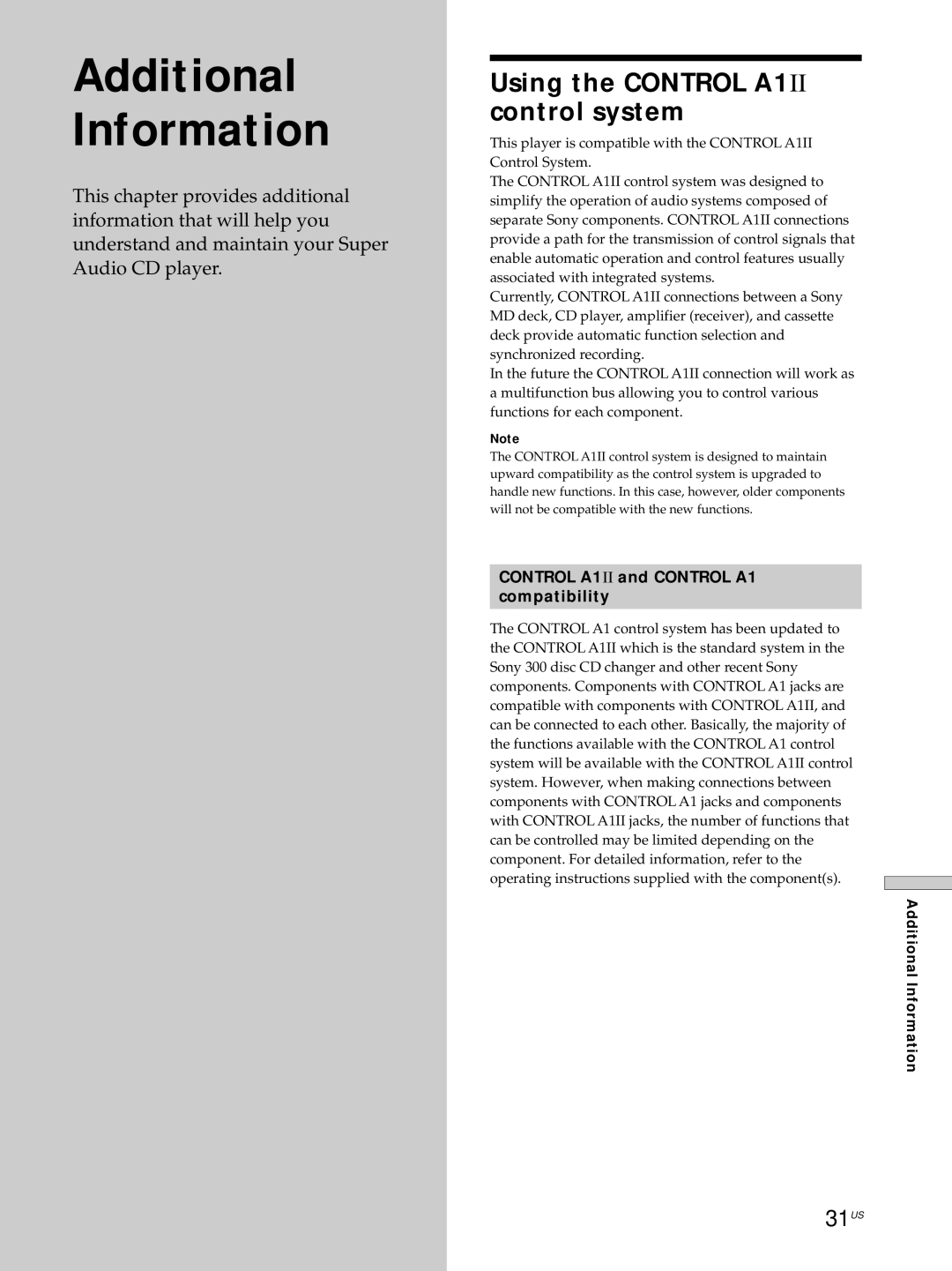 Sony SCD-C555ES manual Using the Control A1II control system, 31US, Control A1II and Control A1 Compatibility 