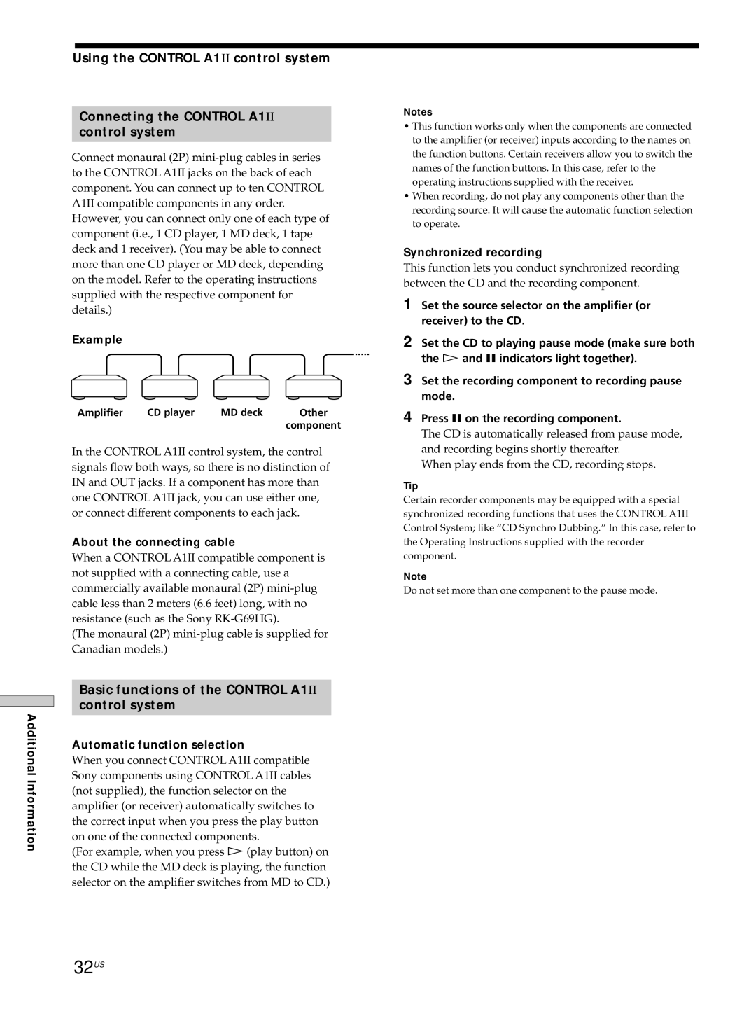 Sony SCD-C555ES manual 32US, Basic functions of the Control A1II Control system 