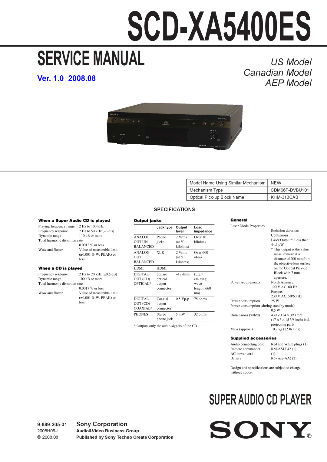 Sony 2008H05-1, SCD-XA5400ES service manual 889-205-01, New, CDM66F-DVBU101, KHM-313CAB 