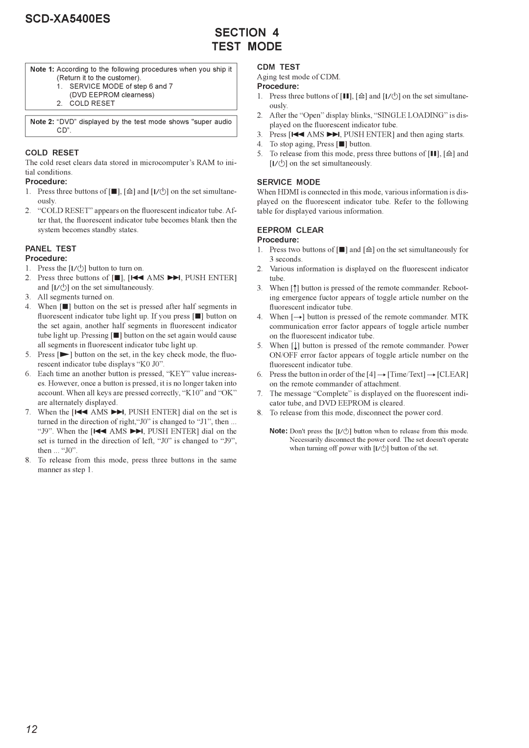 Sony 2008H05-1 service manual SCD-XA5400ES Section Test Mode, Procedure, Cold Reset 