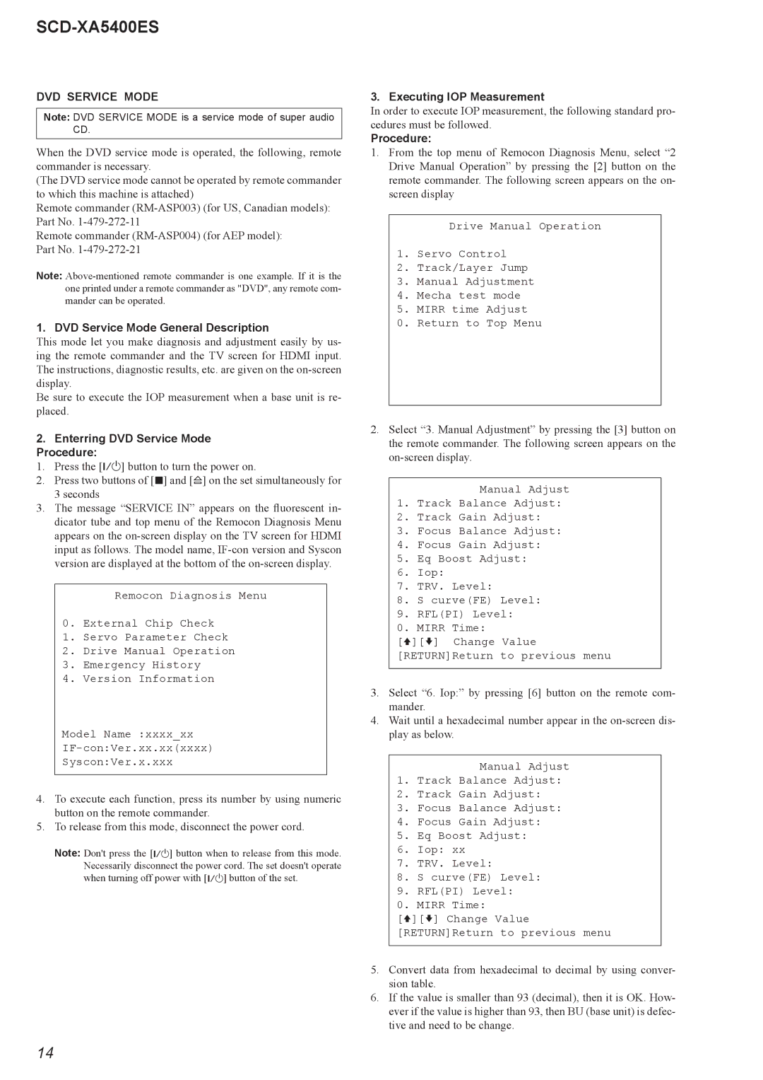 Sony SCD-XA5400ES DVD Service Mode General Description, Enterring DVD Service Mode Procedure, Executing IOP Measurement 