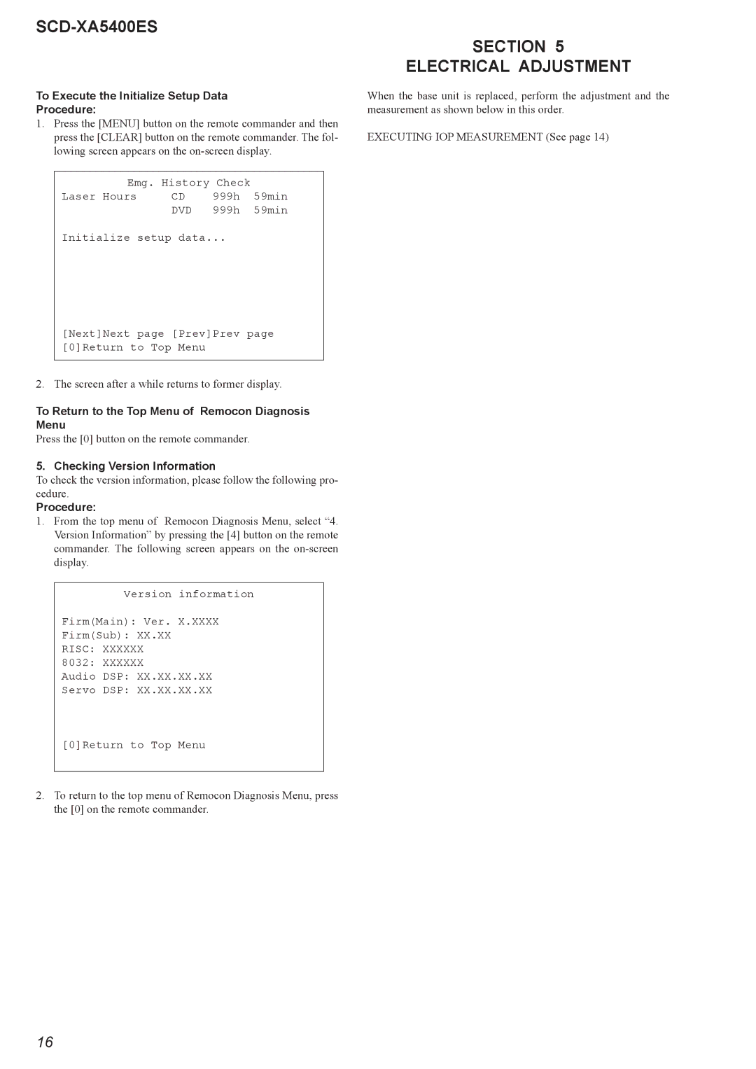 Sony SCD-XA5400ES, 2008H05-1 service manual Section Electrical Adjustment, To Execute the Initialize Setup Data Procedure 