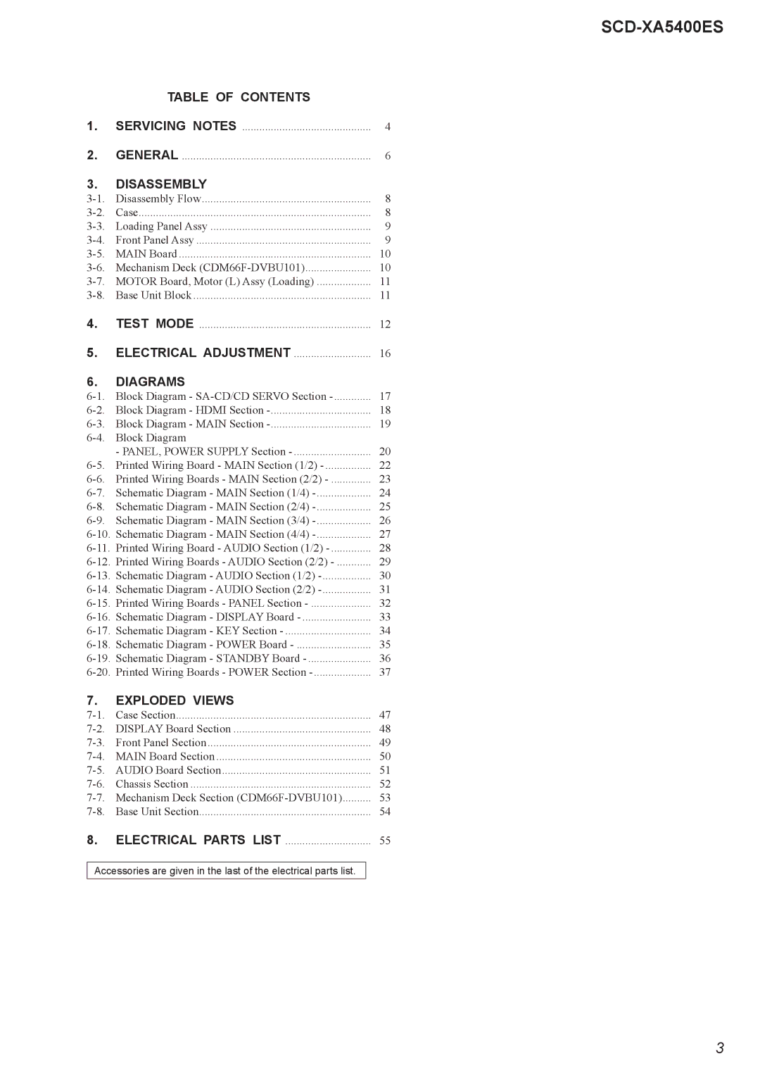 Sony 2008H05-1, SCD-XA5400ES service manual Table of Contents, Disassembly, Diagrams, Exploded Views 