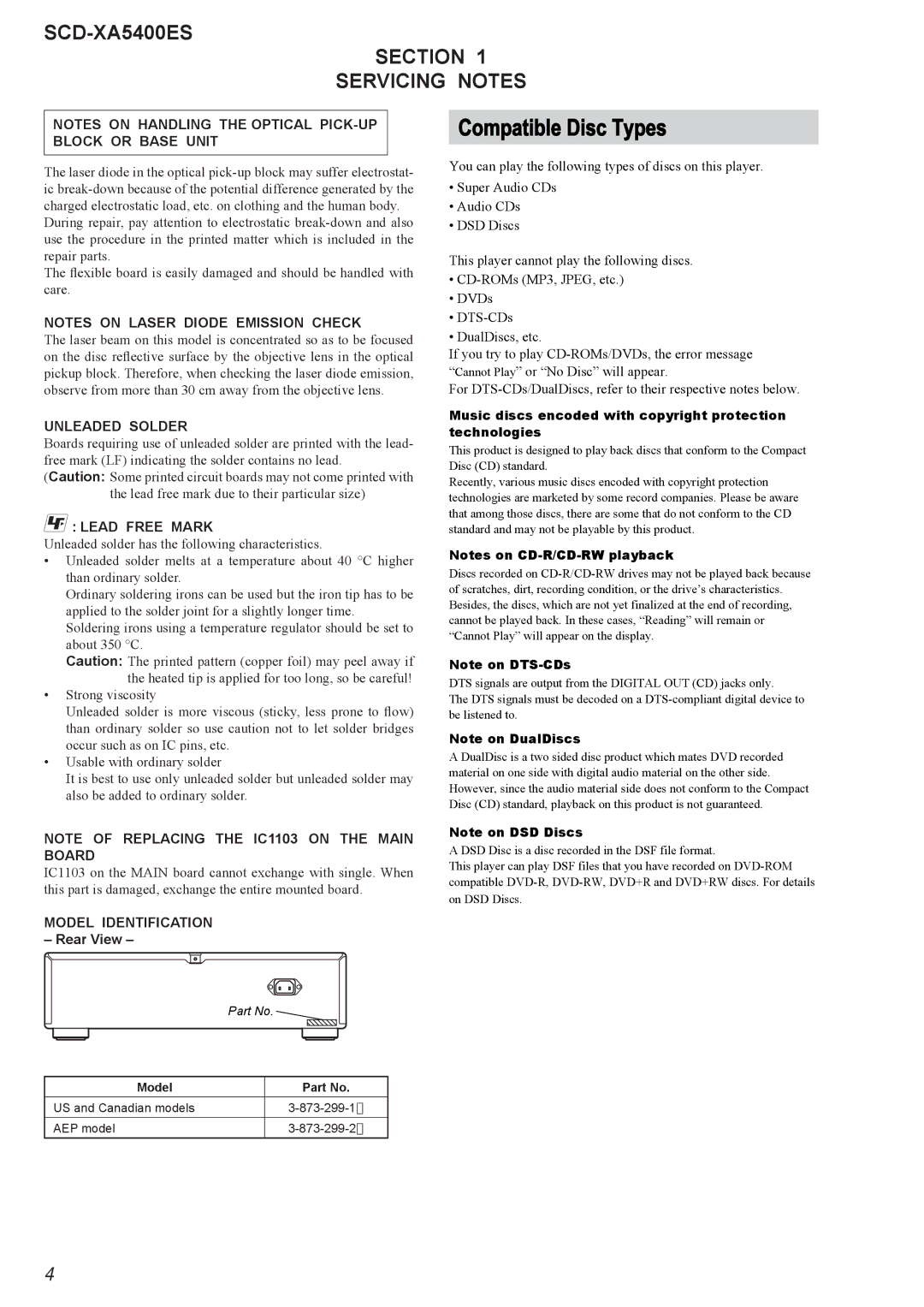 Sony 2008H05-1 service manual SCD-XA5400ES Section Servicing Notes, Rear View 