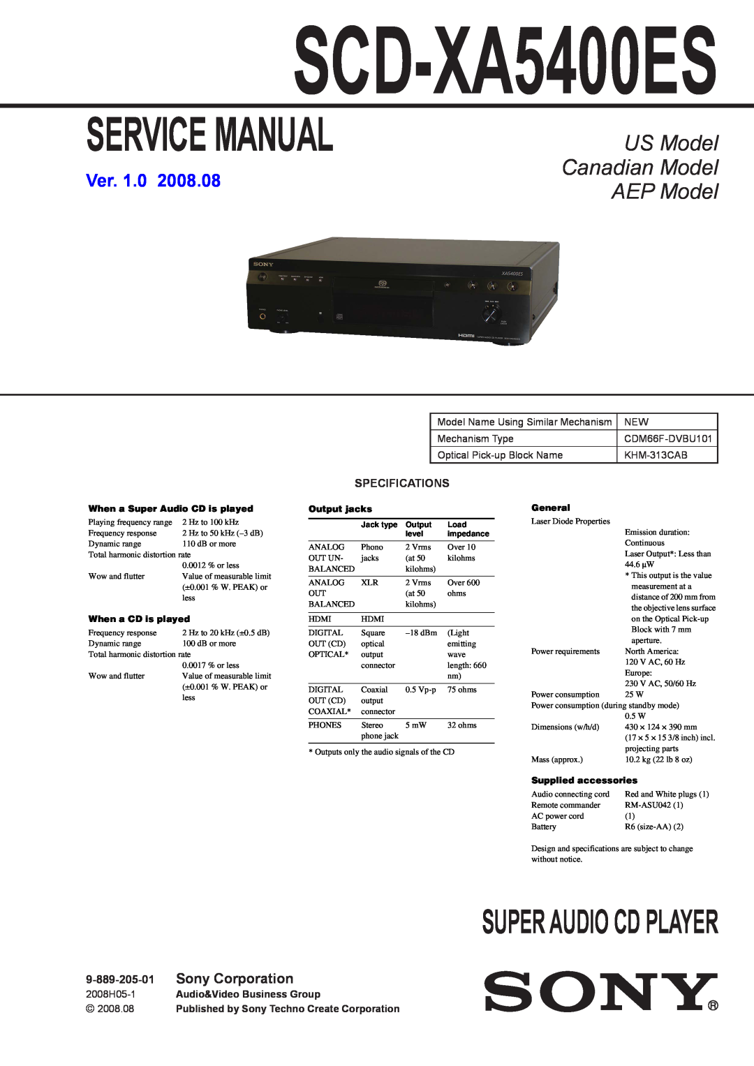 Sony 2008H05-1 service manual SCD-XA5400ES, Super Audio Cd Player, US Model, AEP Model, Canadian Model, Ver, 9-889-205-01 