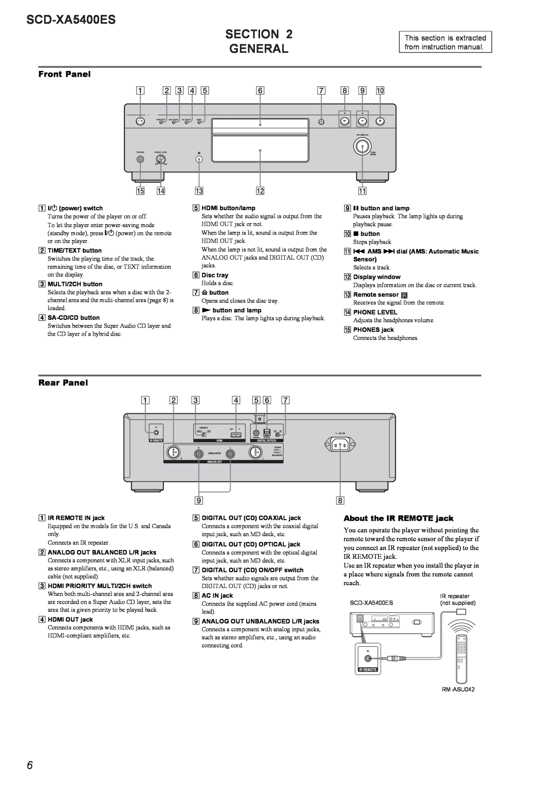 Sony SCD-XA5400ES, 2008H05-1 service manual Section, General, Front Panel, Rear Panel, About the IR REMOTE jack 
