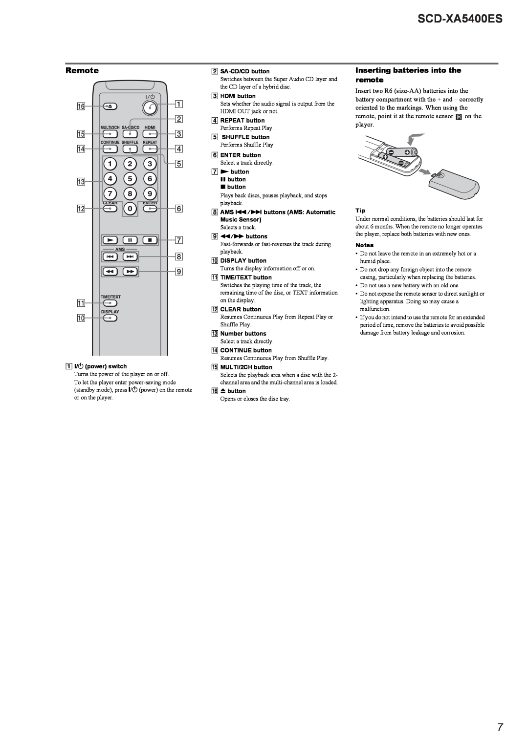 Sony 2008H05-1 service manual SCD-XA5400ES, Remote, Inserting batteries into the remote 