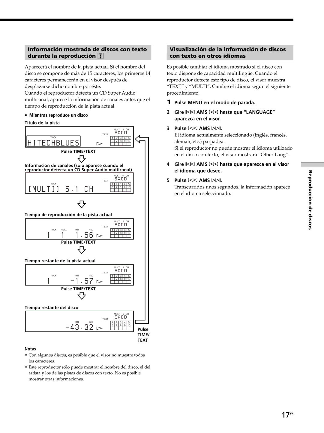 Sony SCD-XB770 operating instructions 17ES, Mientras reproduce un disco Título de la pista, Pulse TIME/TEXT 