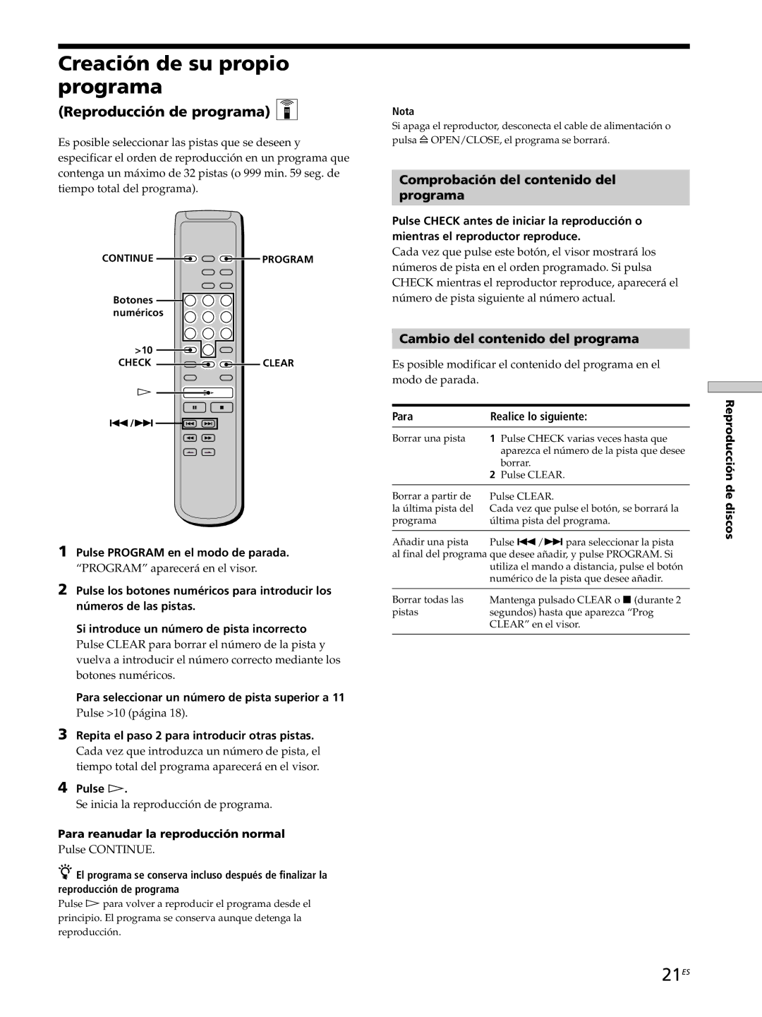 Sony SCD-XB770 Creación de su propio programa, 21ES, Reproducción de programa Z, Comprobación del contenido del Programa 