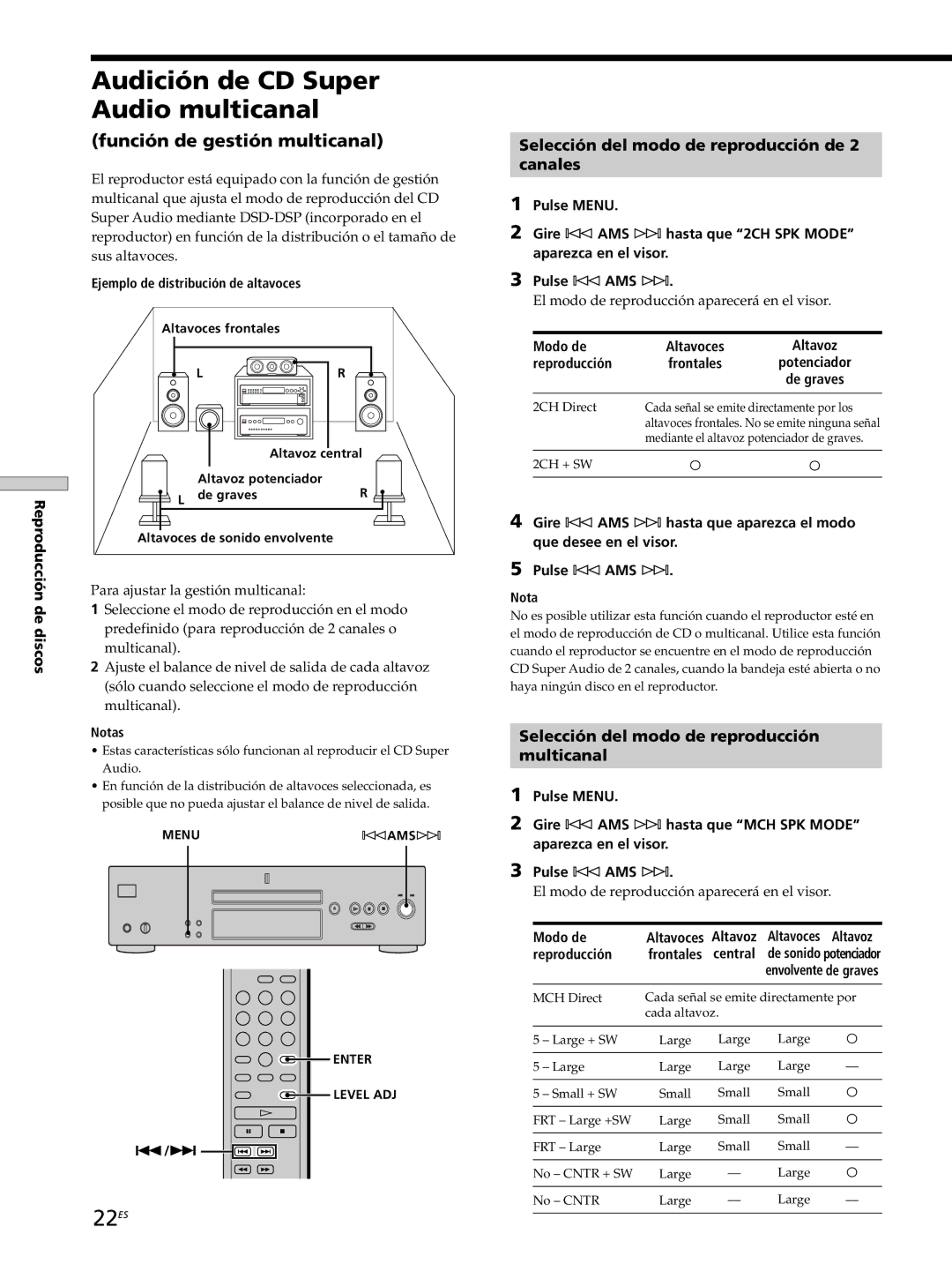 Sony SCD-XB770 operating instructions Audición de CD Super Audio multicanal, 22ES, Función de gestión multicanal 