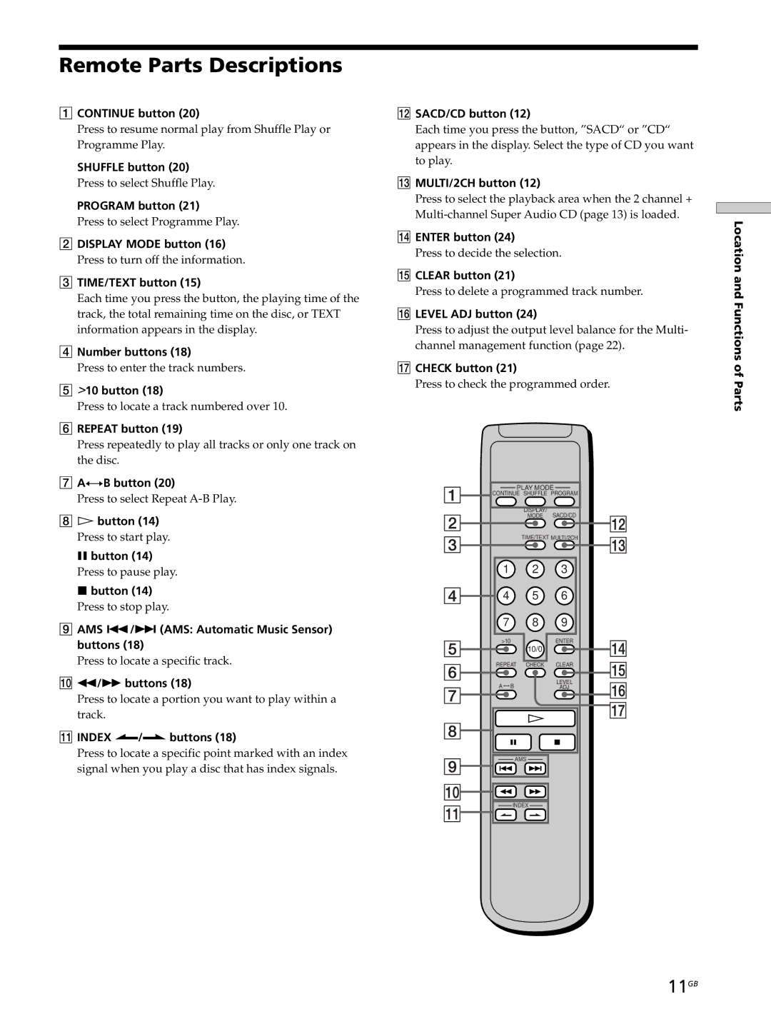 Sony SCD-XB770 operating instructions Remote Parts Descriptions, 11GB 