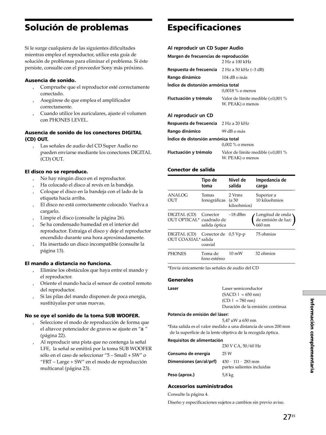 Sony SCD-XB770 operating instructions Solución de problemas, Especificaciones, 27ES 