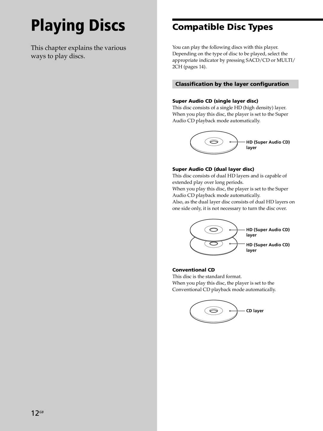 Sony SCD-XB770 operating instructions Compatible Disc Types, 12GB, Classification by the layer configuration 