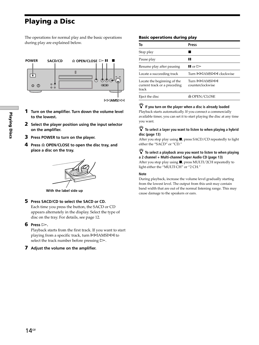 Sony SCD-XB770 operating instructions Playing a Disc, 14GB 