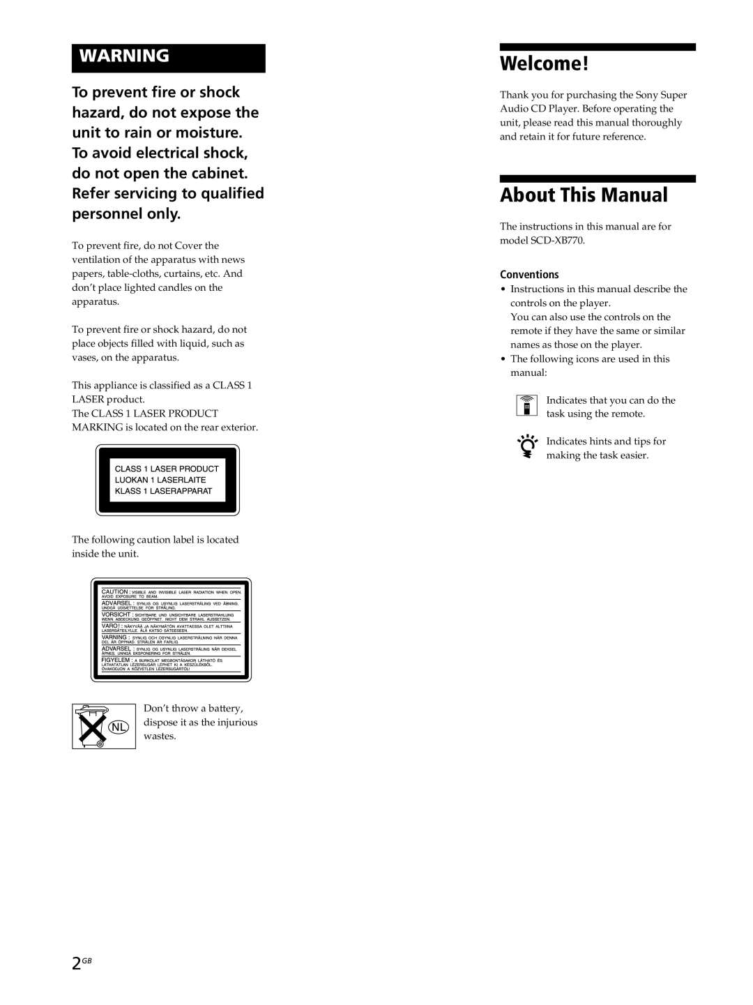 Sony SCD-XB770 operating instructions Welcome, About This Manual, Conventions 