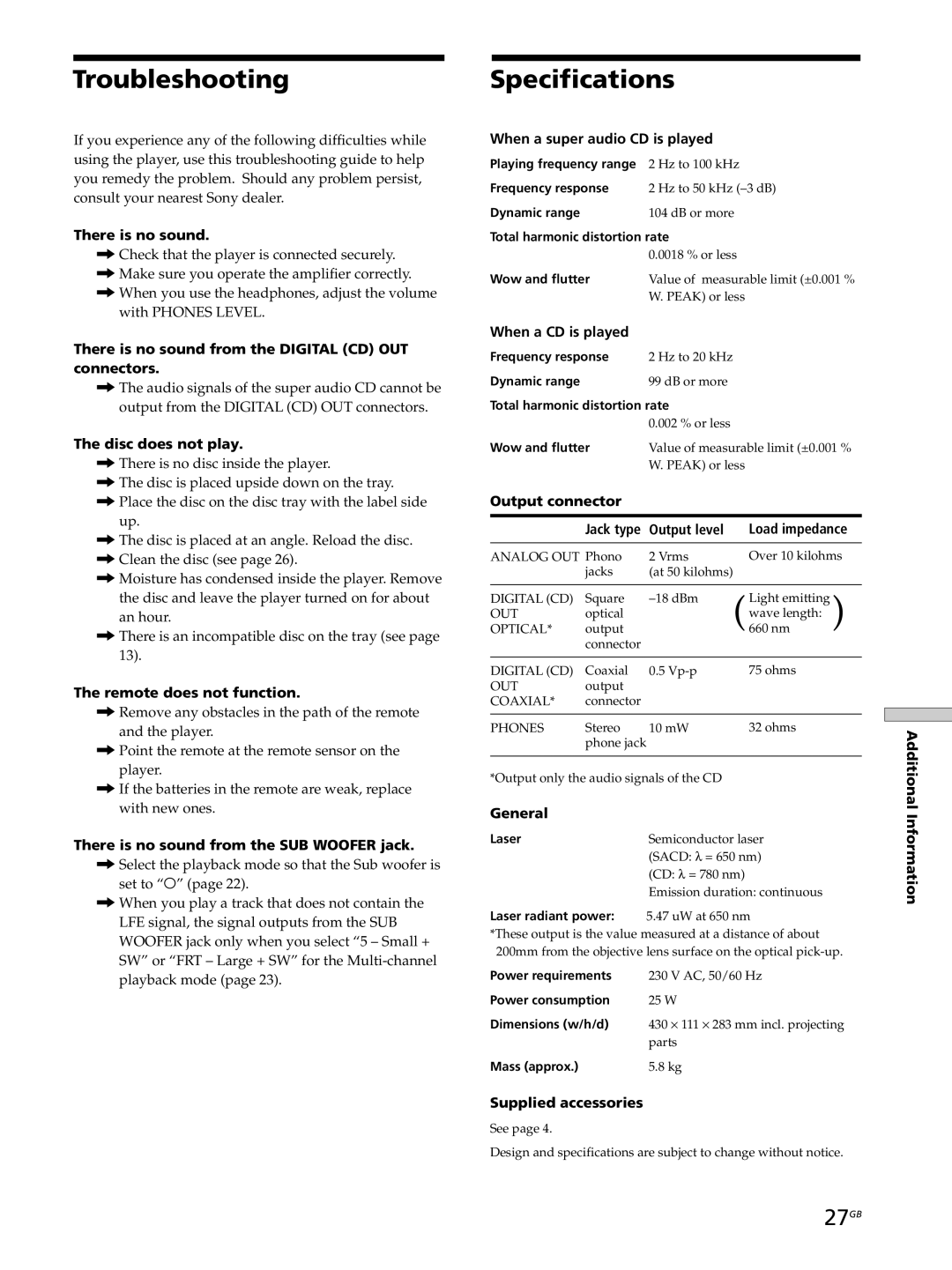 Sony SCD-XB770 operating instructions Troubleshooting, Specifications, 27GB 