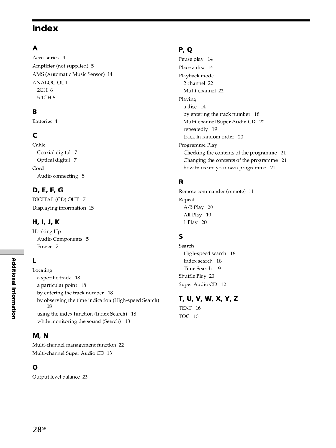 Sony SCD-XB770 operating instructions Index, 28GB, Displaying information, Toc 