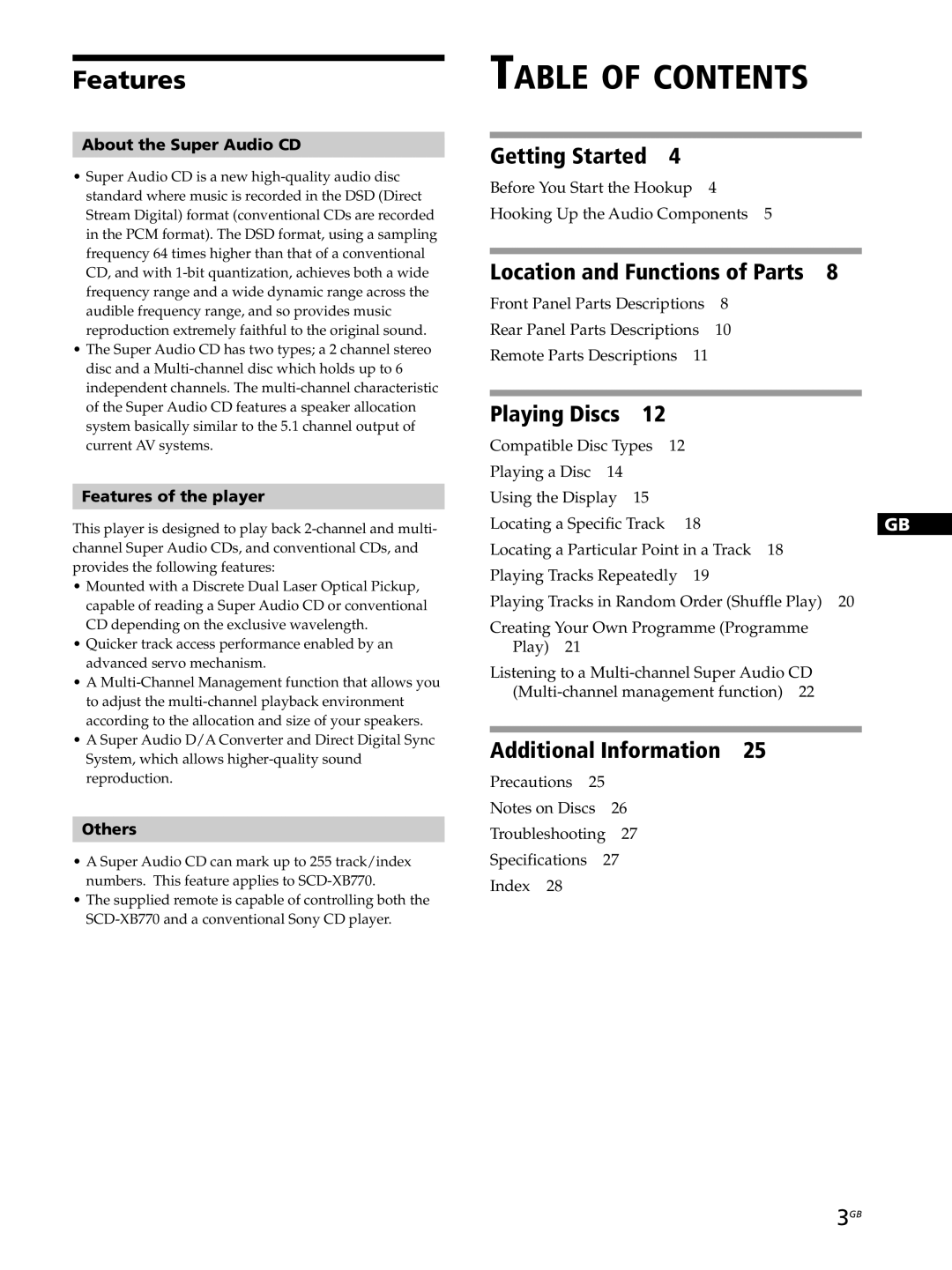 Sony SCD-XB770 operating instructions Table of Contents 