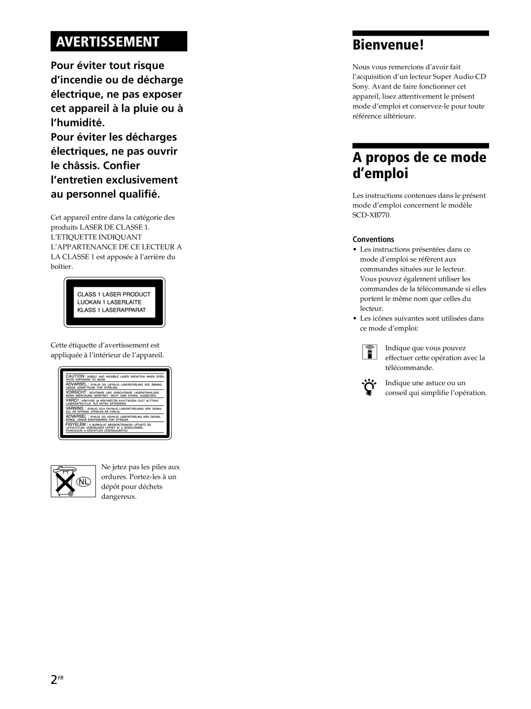 Sony SCD-XB770 operating instructions Bienvenue, Propos de ce mode d’emploi 