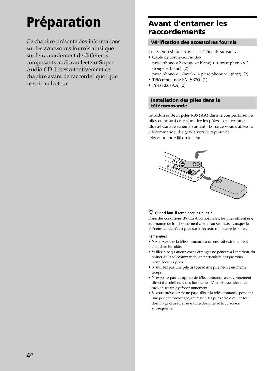 Sony SCD-XB770 operating instructions Avant d’entamer les raccordements, Vérification des accessoires fournis, Remarques 