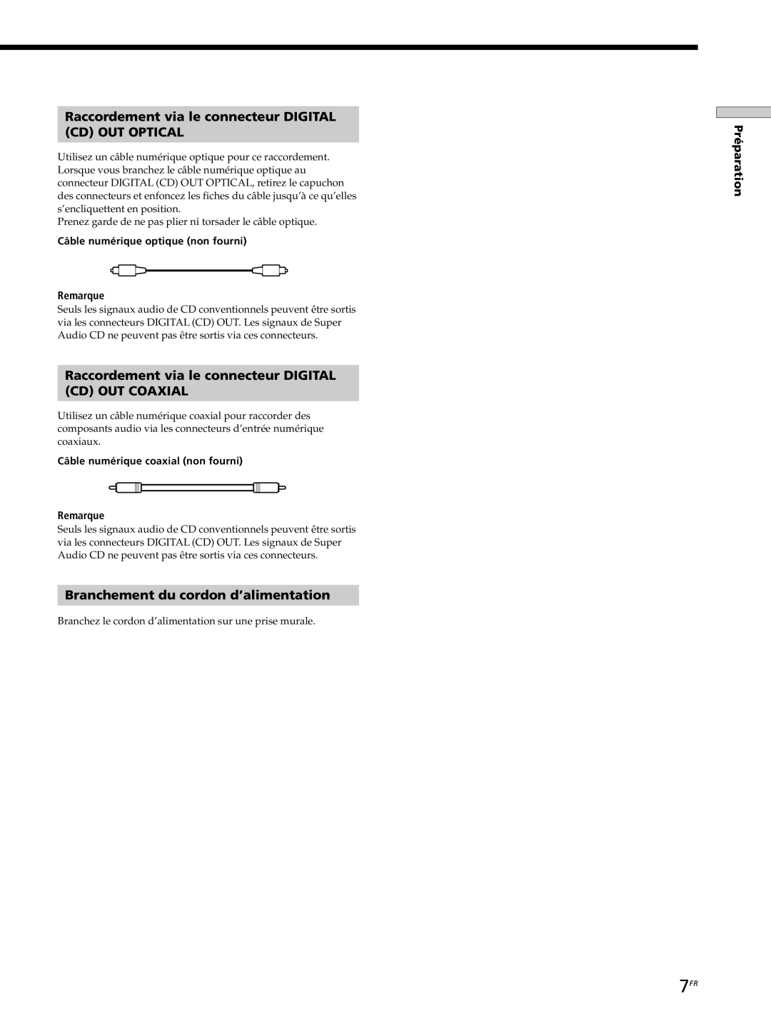 Sony SCD-XB770 operating instructions Raccordement via le connecteur Digital, Branchement du cordon d’alimentation 