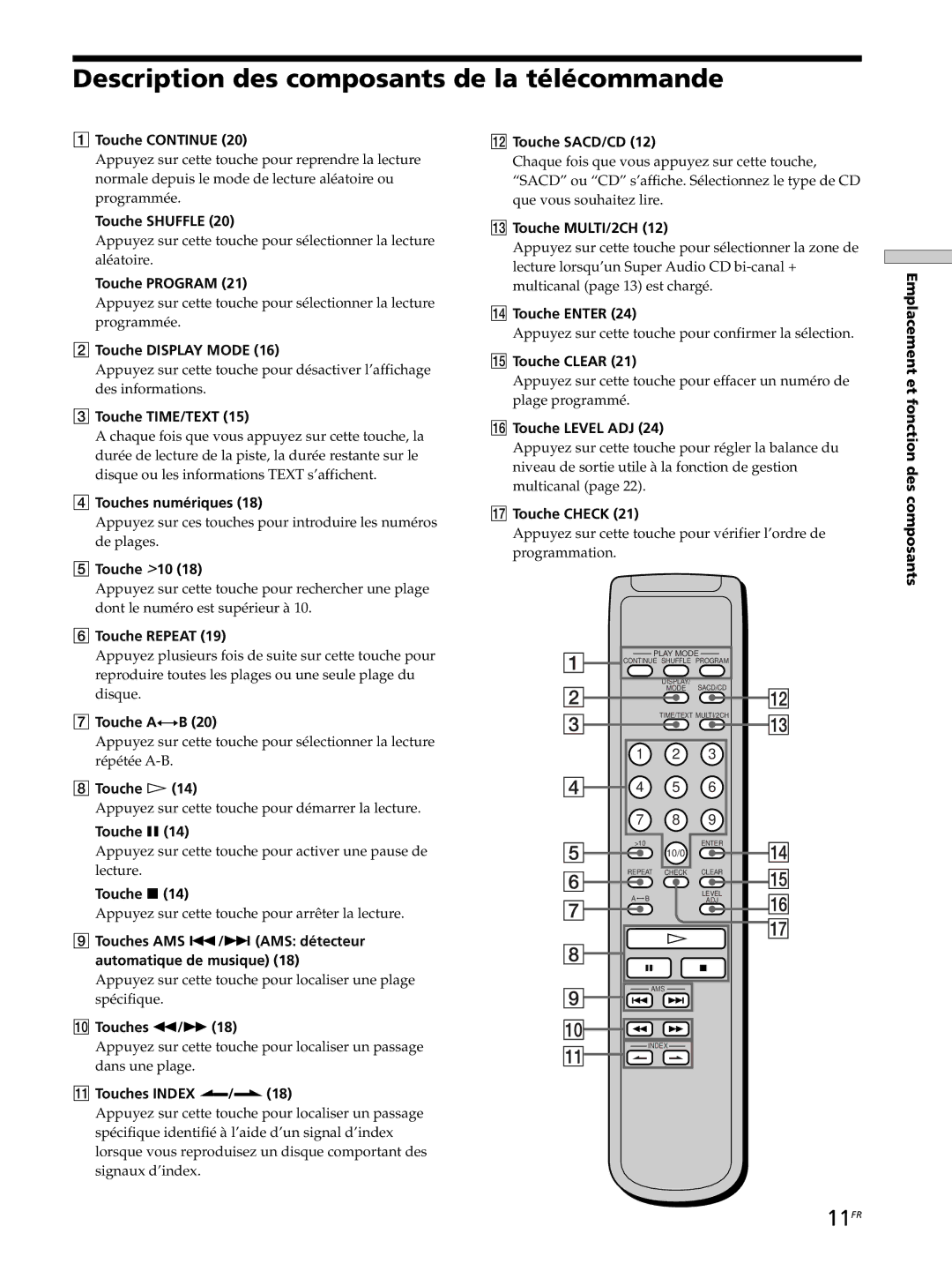 Sony SCD-XB770 operating instructions Description des composants de la télécommande, 11FR 