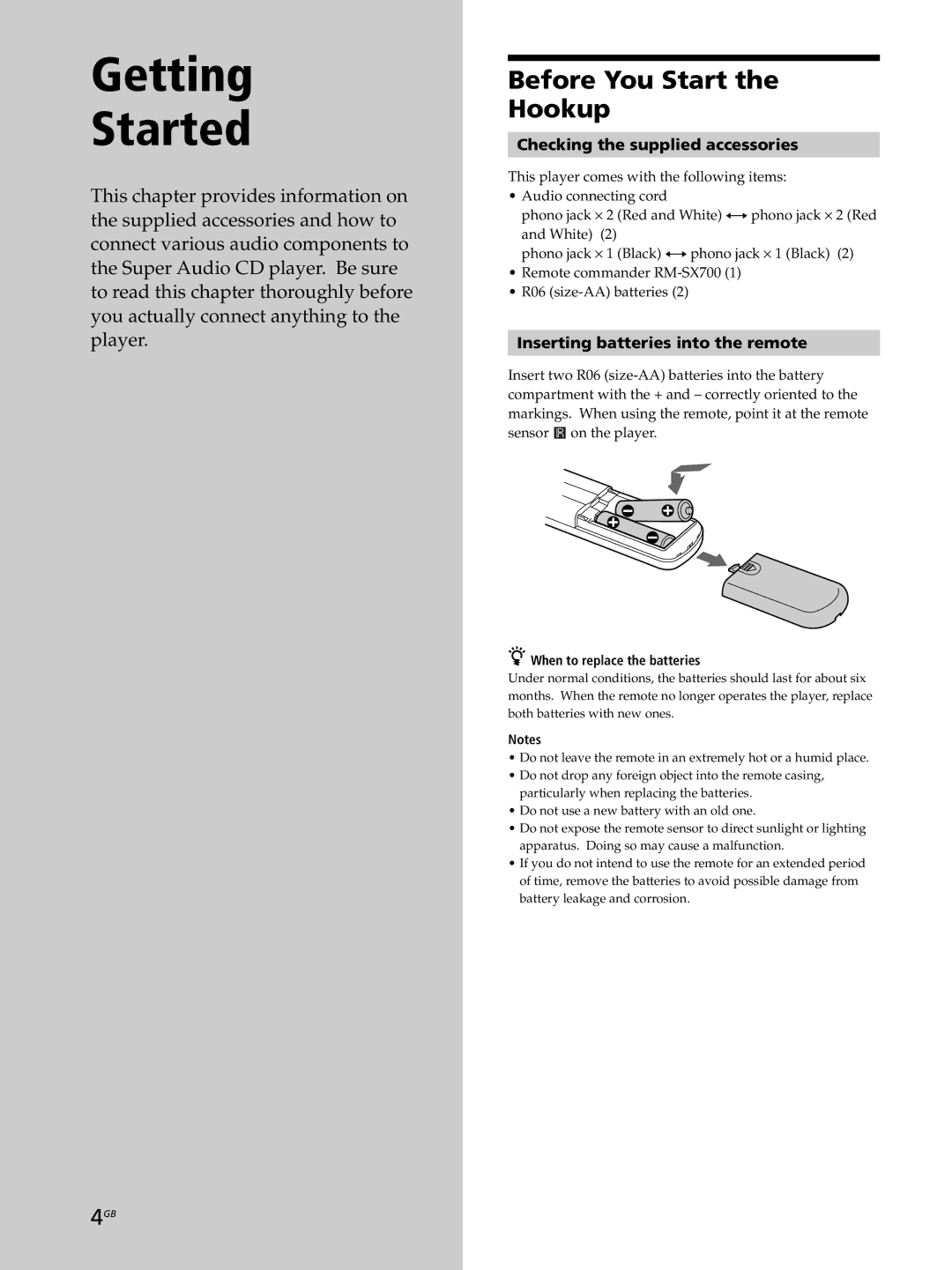 Sony SCD-XB770 Before You Start Hookup, Checking the supplied accessories, Inserting batteries into the remote 