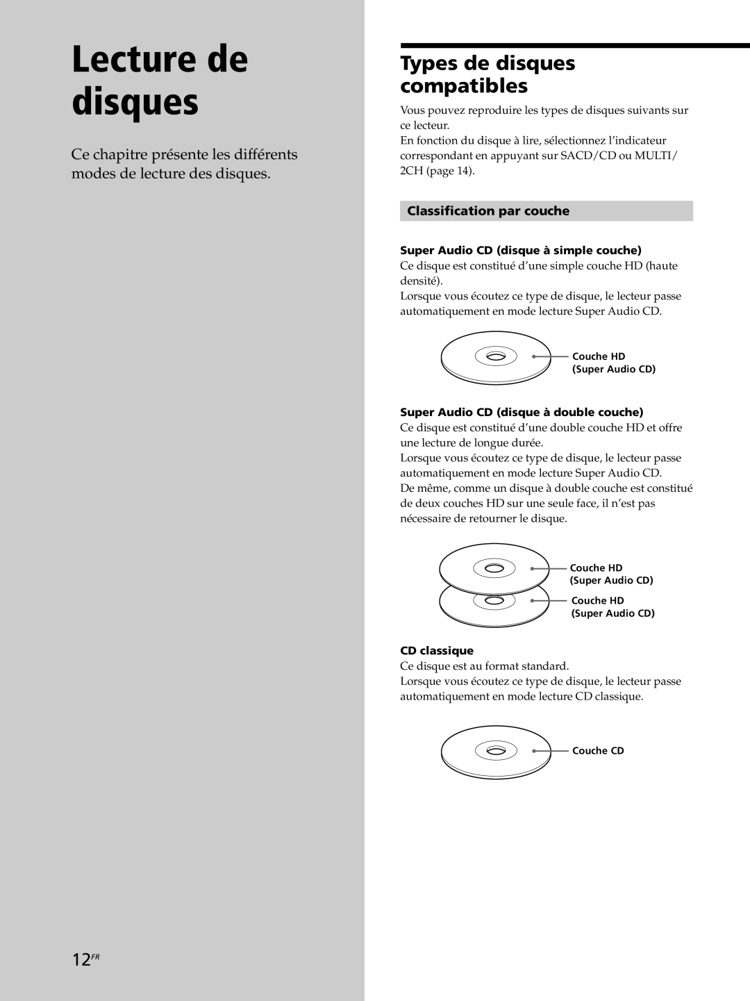 Sony SCD-XB770 operating instructions Types de disques compatibles, 12FR, Classification par couche 