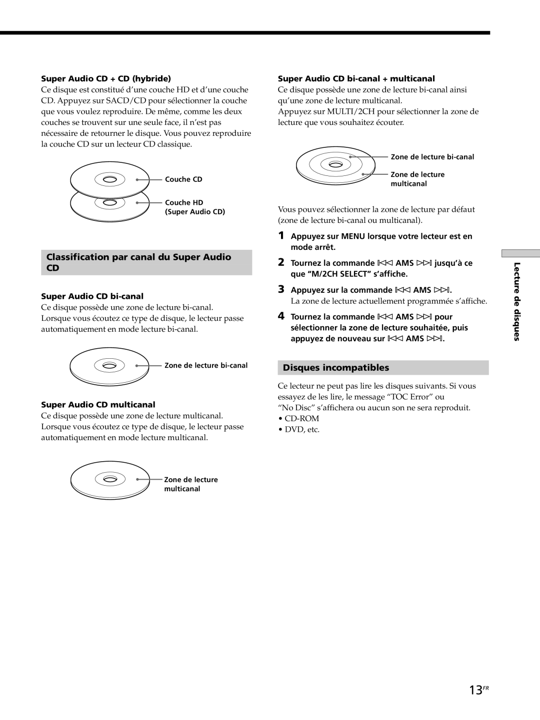 Sony SCD-XB770 operating instructions 13FR, Classification par canal du Super Audio, Disques incompatibles 