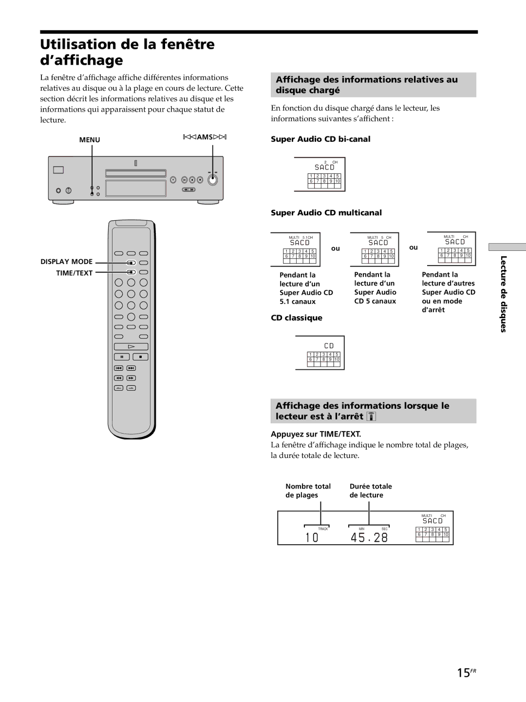 Sony SCD-XB770 Utilisation de la fenêtre d’affichage, 15FR, Affichage des informations relatives au Disque chargé 