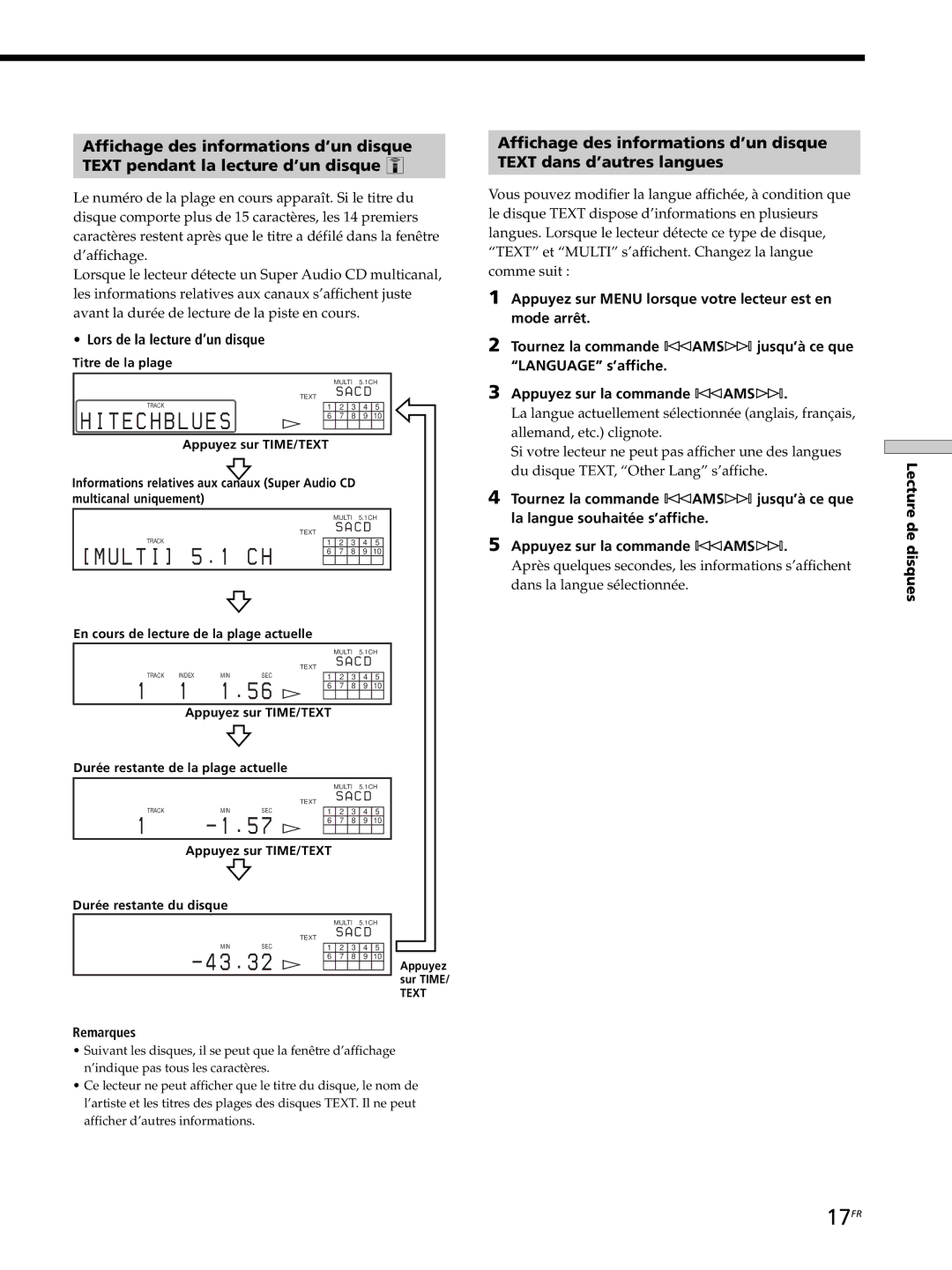 Sony SCD-XB770 operating instructions 17FR, Lors de la lecture d’un disque 