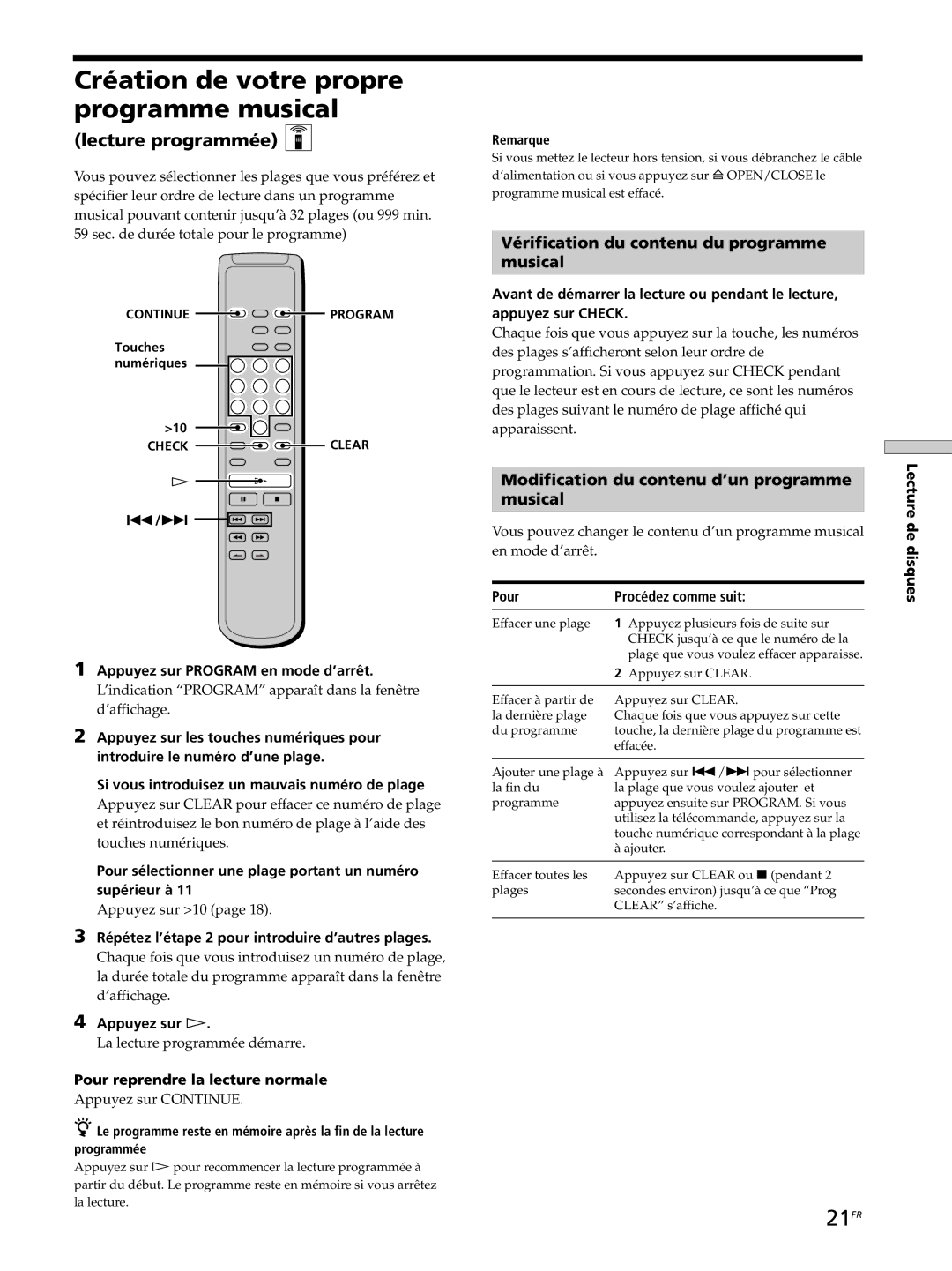 Sony SCD-XB770 operating instructions Création de votre propre programme musical, 21FR, Lecture programmée Z 