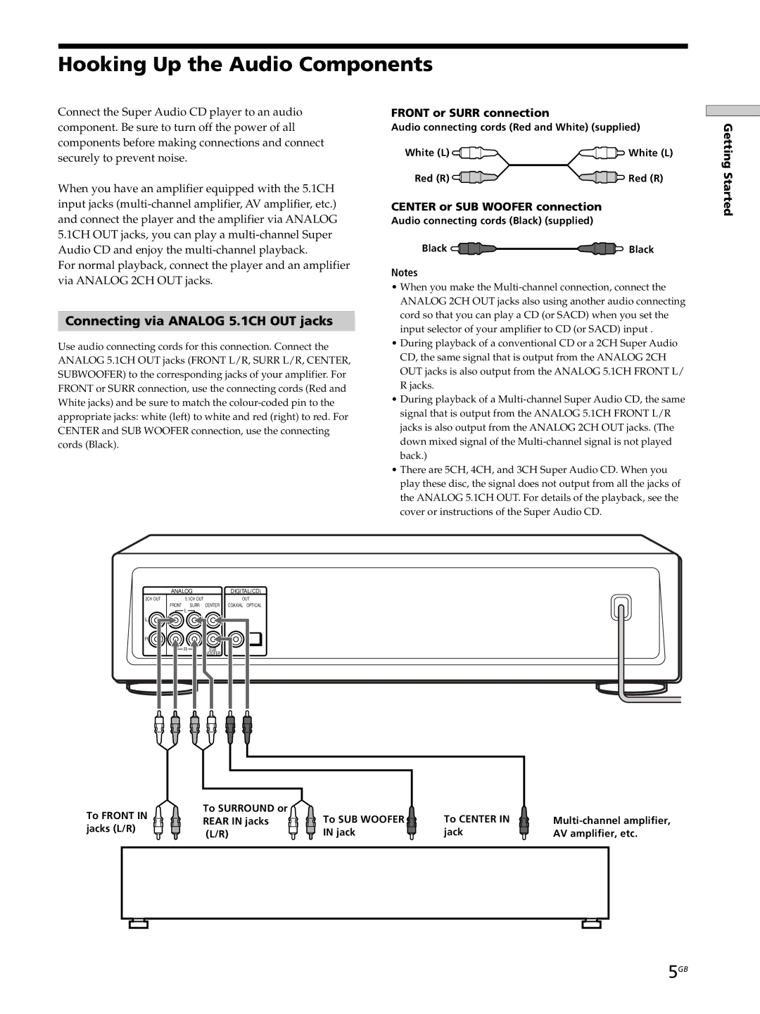 Sony SCD-XB770 Hooking Up the Audio Components, Connecting via Analog 5.1CH OUT jacks, Front or Surr connection 