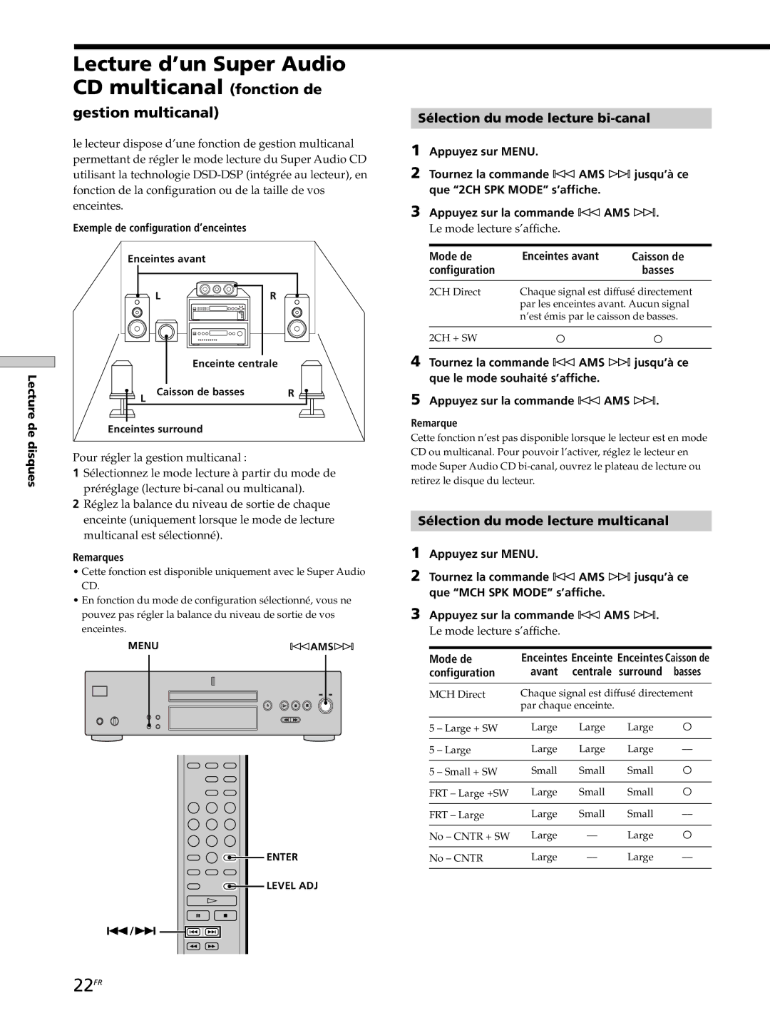 Sony SCD-XB770 operating instructions Lecture d’un Super Audio CD multicanal fonction de, 22FR, Gestion multicanal 