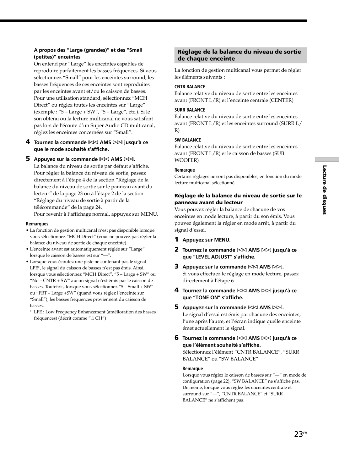 Sony SCD-XB770 operating instructions 23FR, Propos des Large grandes et des Small petites enceintes 