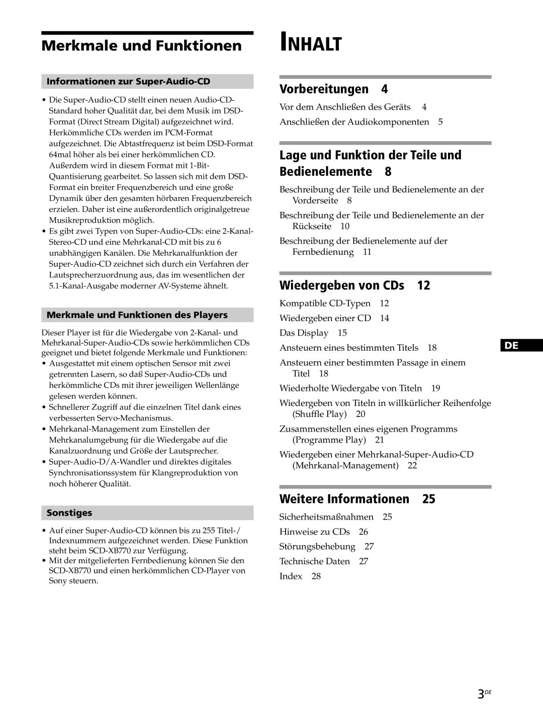 Sony SCD-XB770 operating instructions Informationen zur Super-Audio-CD, Merkmale und Funktionen des Players, Sonstiges 