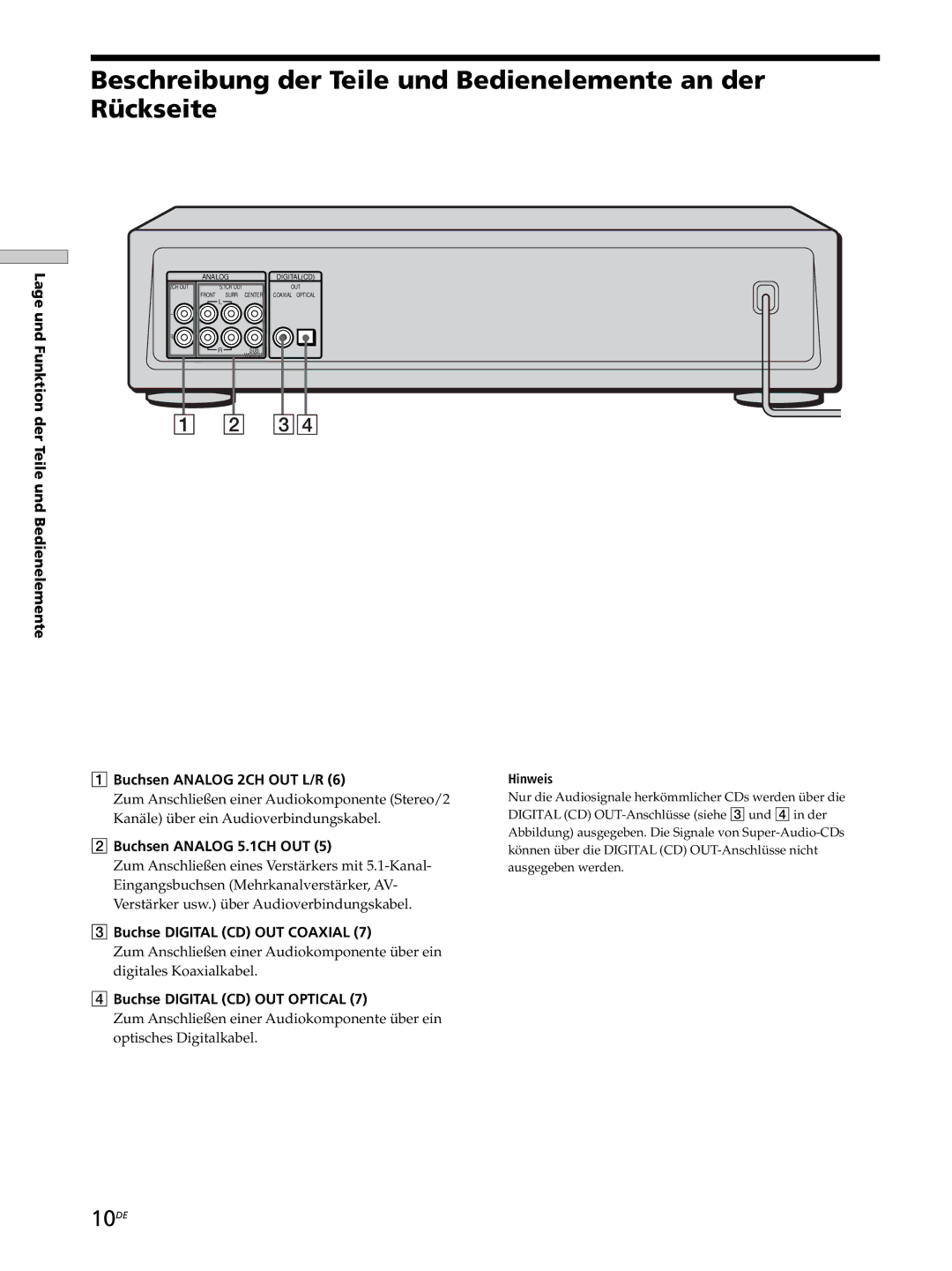 Sony SCD-XB770 operating instructions Beschreibung der Teile und Bedienelemente an der Rückseite, 10DE 