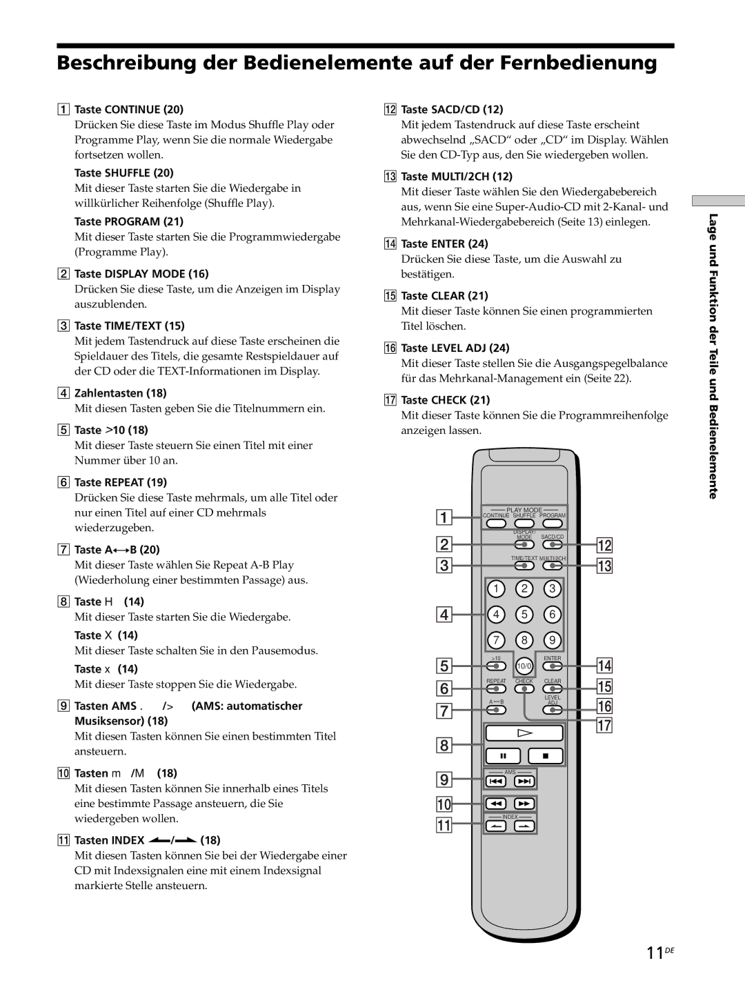 Sony SCD-XB770 operating instructions Beschreibung der Bedienelemente auf der Fernbedienung, 11DE 