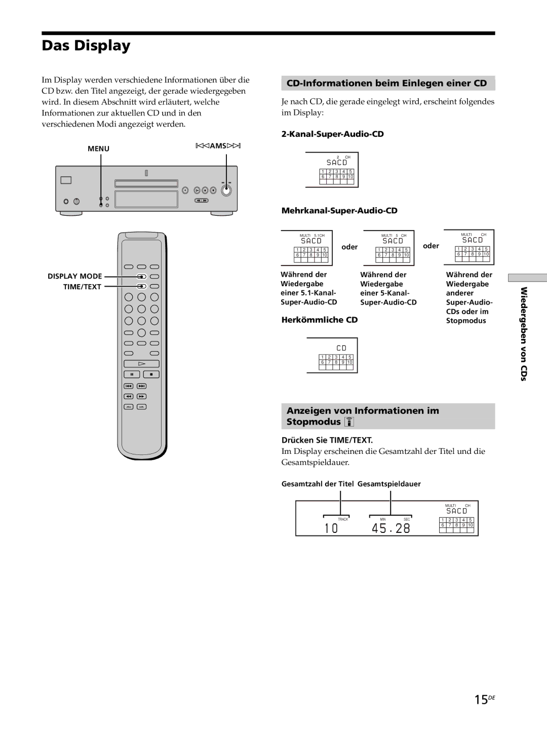 Sony SCD-XB770 Das Display, 15DE, CD-Informationen beim Einlegen einer CD, Anzeigen von Informationen im Stopmodus Z 