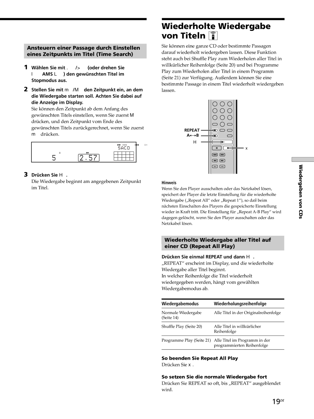 Sony SCD-XB770 operating instructions Wiederholte Wiedergabe von Titeln Z, 19DE 