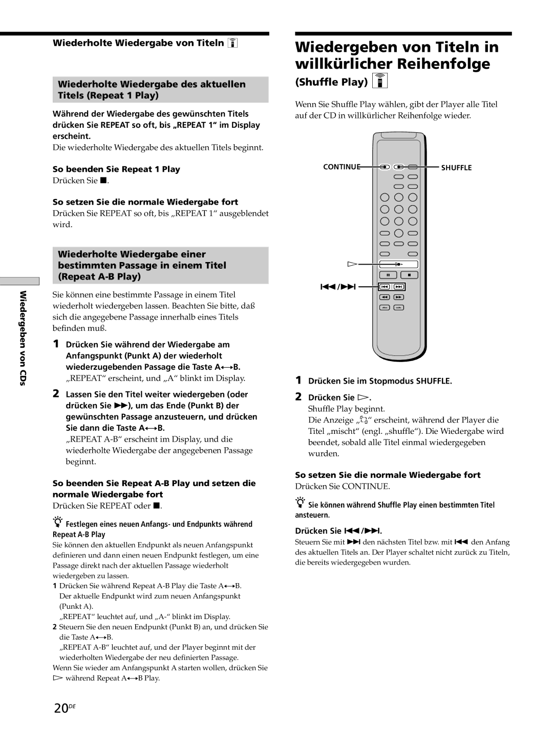 Sony SCD-XB770 operating instructions Wiedergeben von Titeln in willkürlicher Reihenfolge, 20DE, Shuffle Play Z 