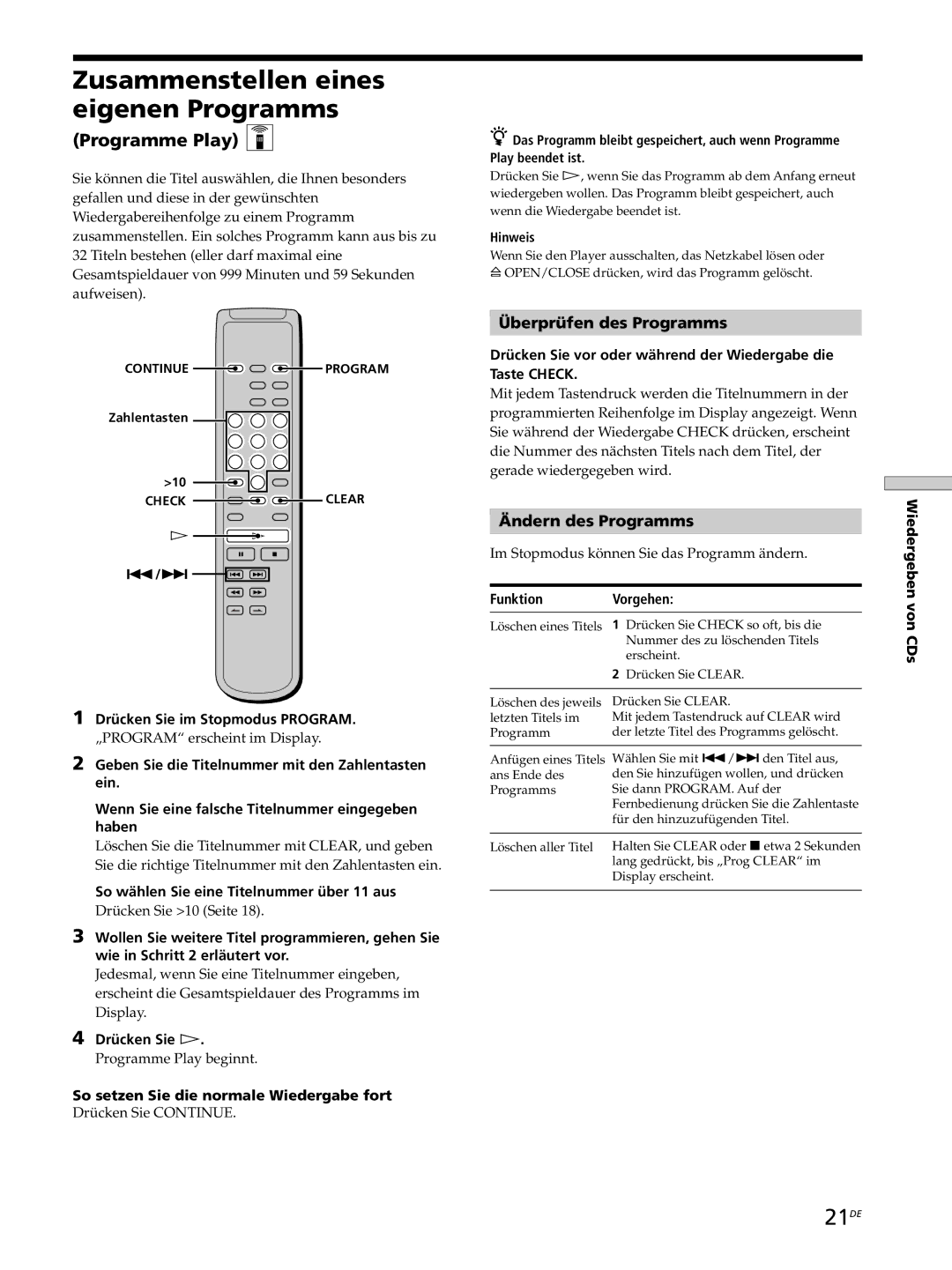 Sony SCD-XB770 Zusammenstellen eines eigenen Programms, 21DE, Programme Play Z, Überprüfen des Programms 