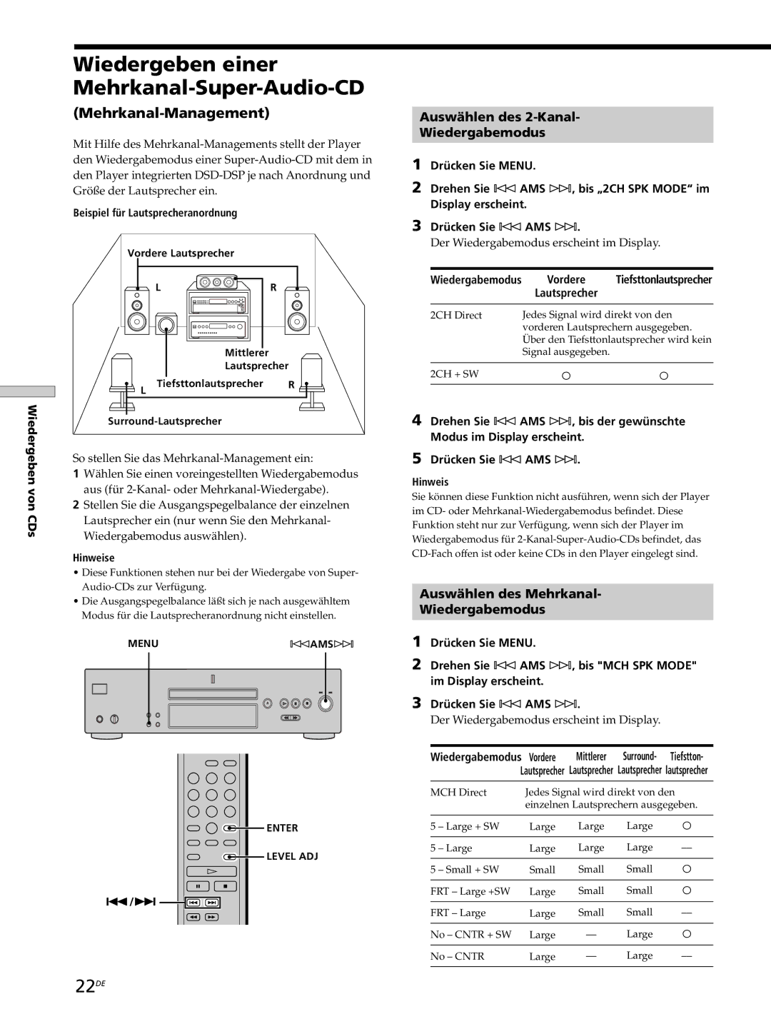 Sony SCD-XB770 operating instructions Wiedergeben einer Mehrkanal-Super-Audio-CD, 22DE, Mehrkanal-Management 