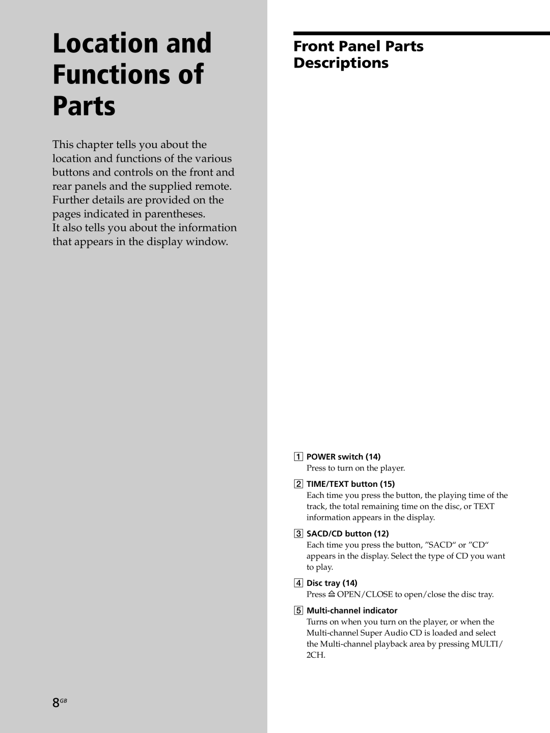 Sony SCD-XB770 operating instructions Front Panel Parts Descriptions 