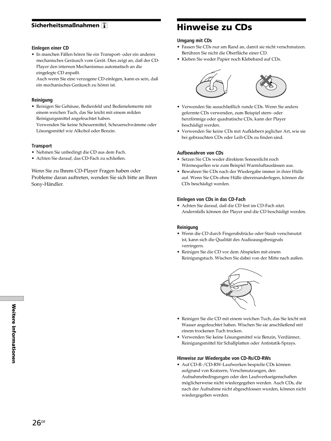 Sony SCD-XB770 operating instructions Hinweise zu CDs, 26DE, Sicherheitsmaßnahmen Z 