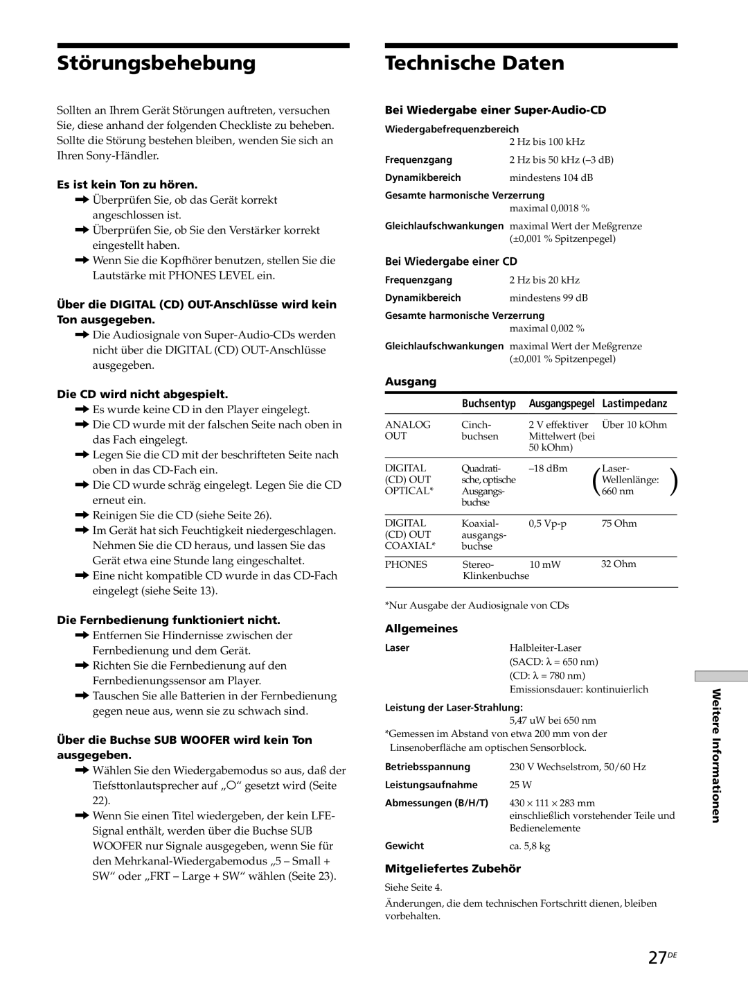 Sony SCD-XB770 operating instructions Störungsbehebung, Technische Daten, 27DE 