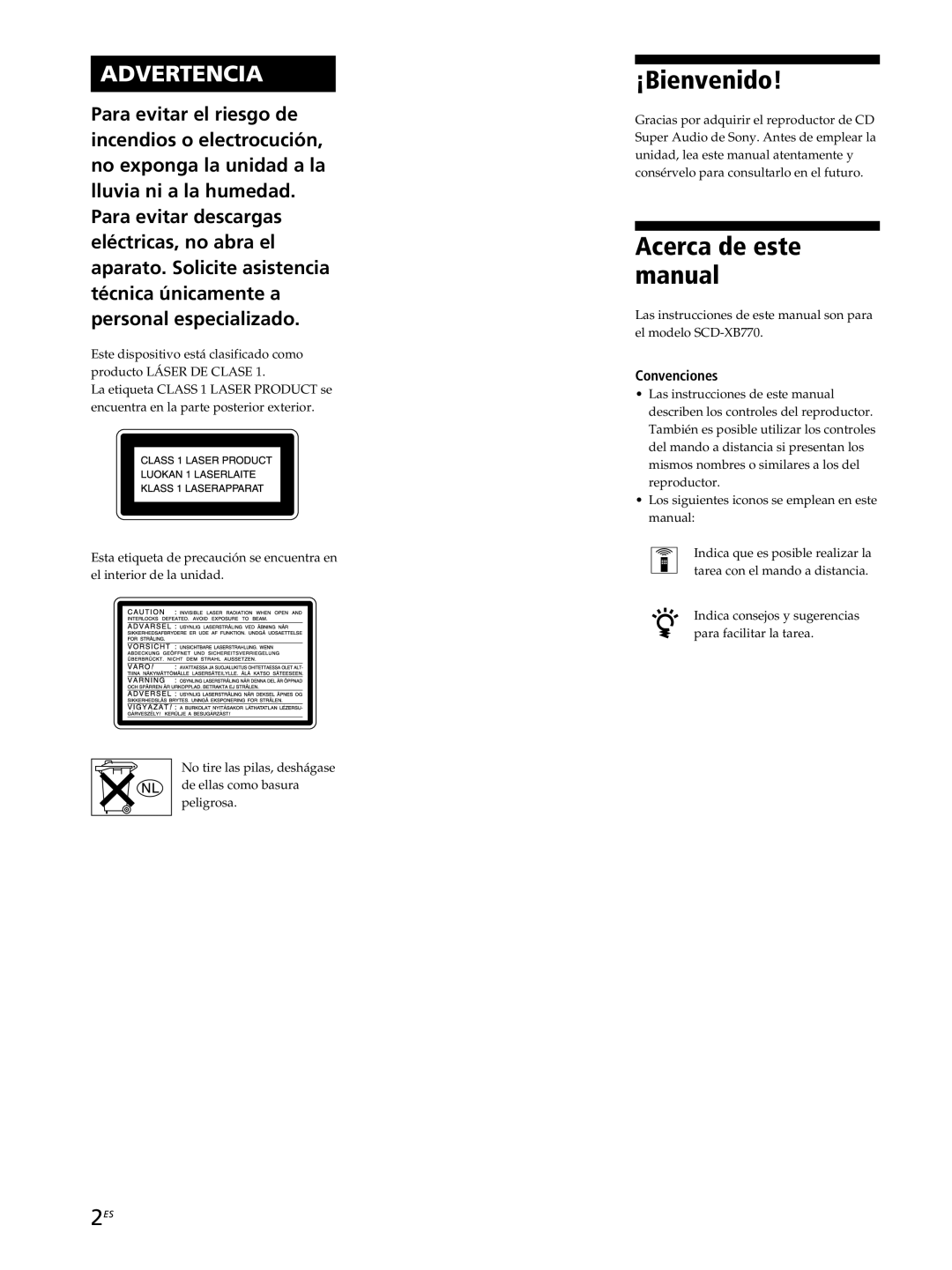 Sony SCD-XB770 operating instructions ¡Bienvenido, Acerca de este manual, Convenciones 