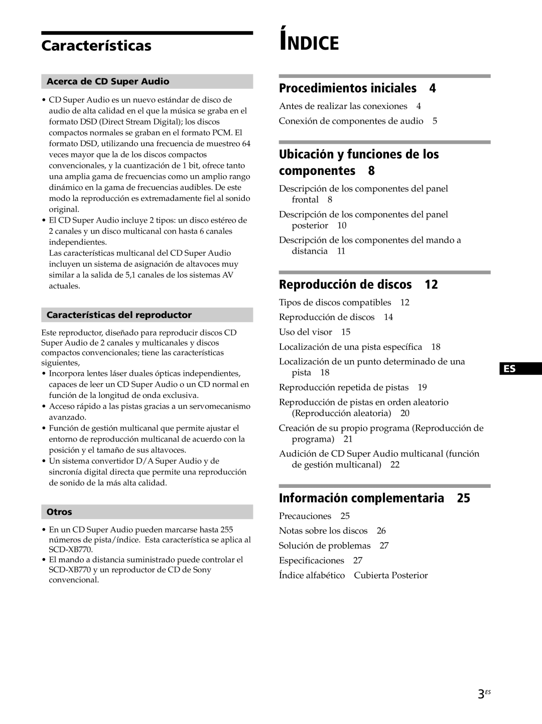 Sony SCD-XB770 operating instructions Acerca de CD Super Audio, Características del reproductor, Otros 