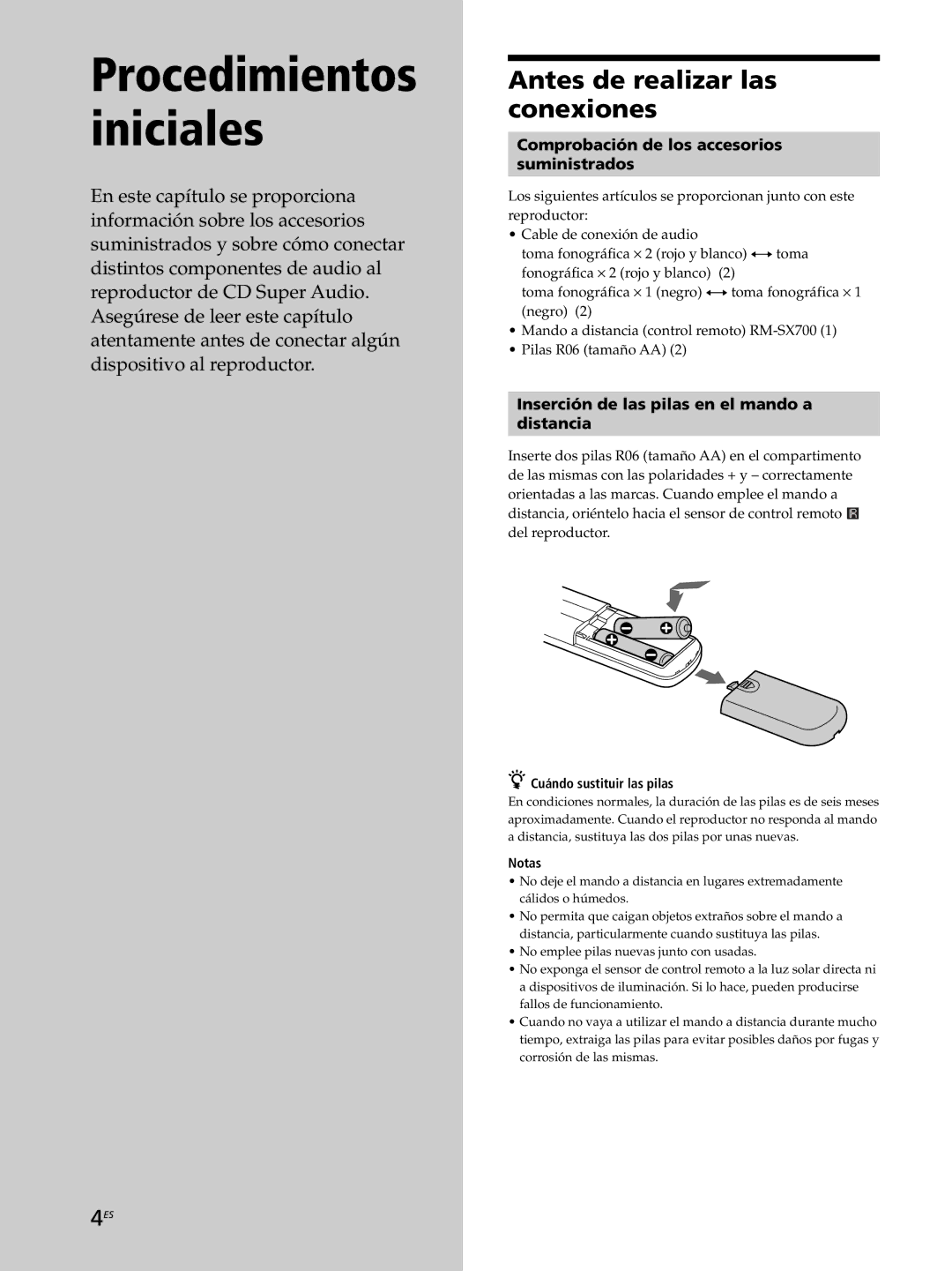 Sony SCD-XB770 Antes de realizar las conexiones, Comprobación de los accesorios Suministrados, Cuándo sustituir las pilas 